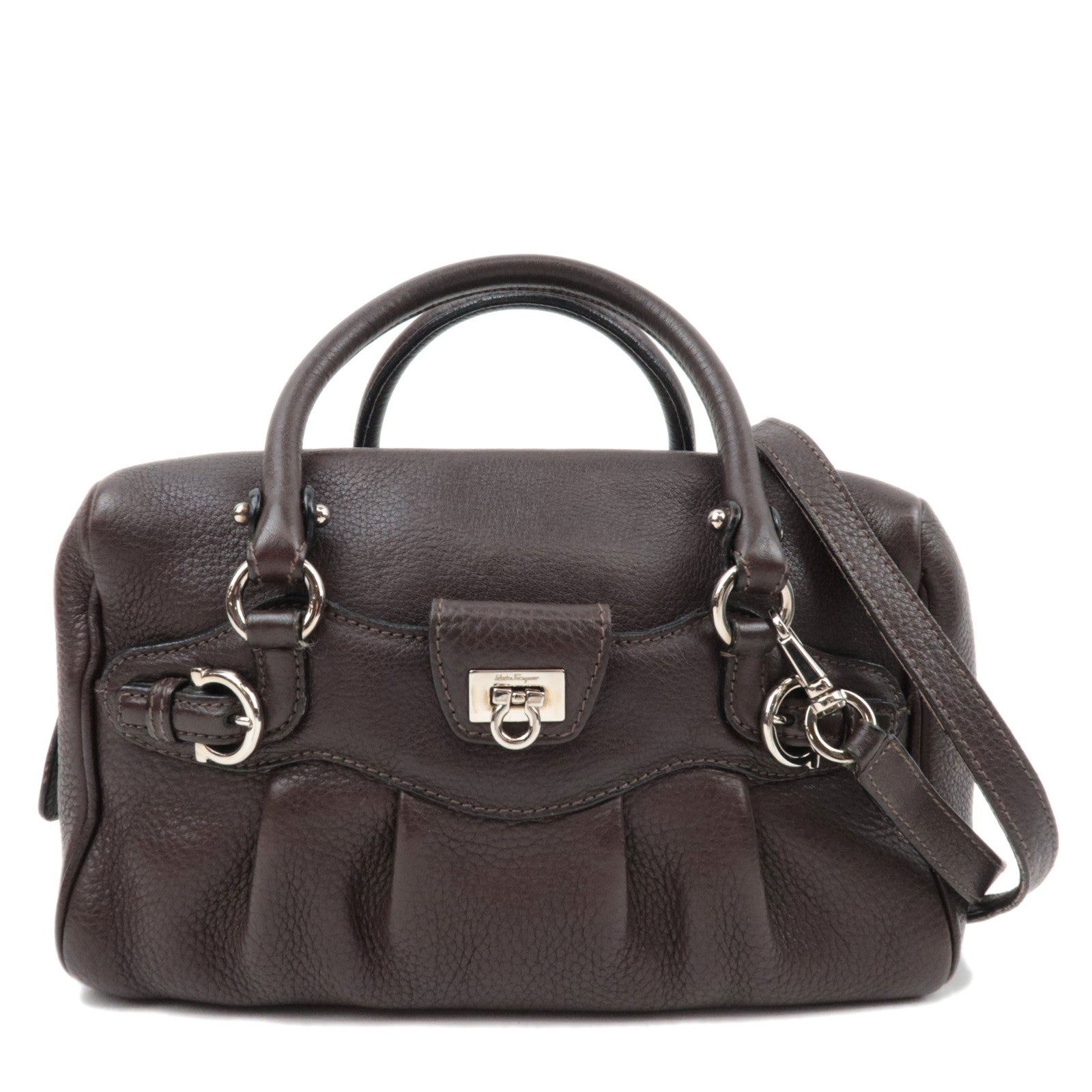 Ferragamo Gancini 2Way Handbag Leather Brown *Strap82186