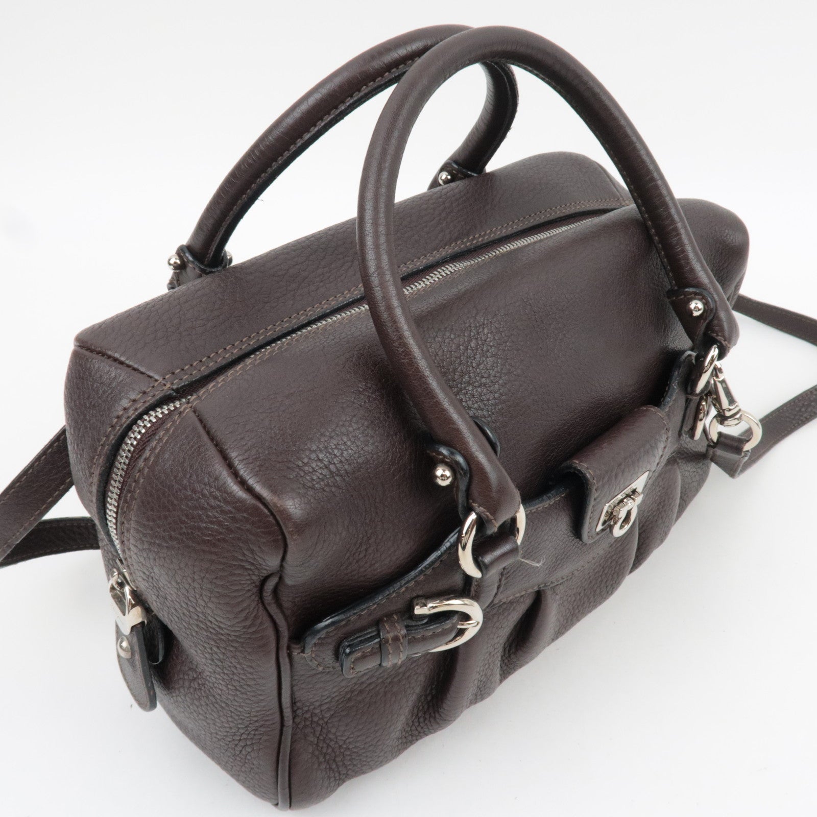 Ferragamo Gancini 2Way Handbag Leather Brown *Strap