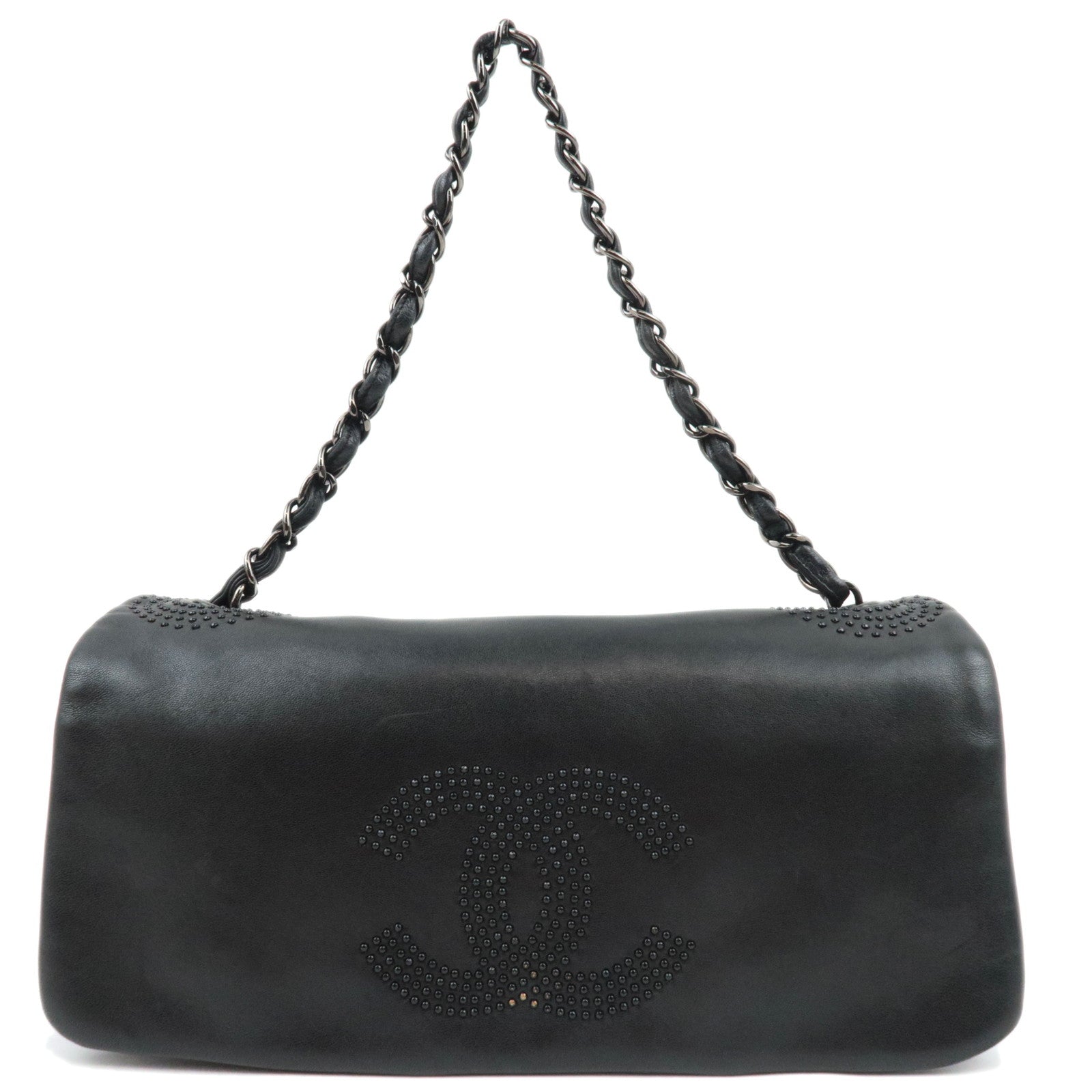 CHANEL Studs Coco Mark Chain Shoulder Bag Leather Black 12341648 *G card82189