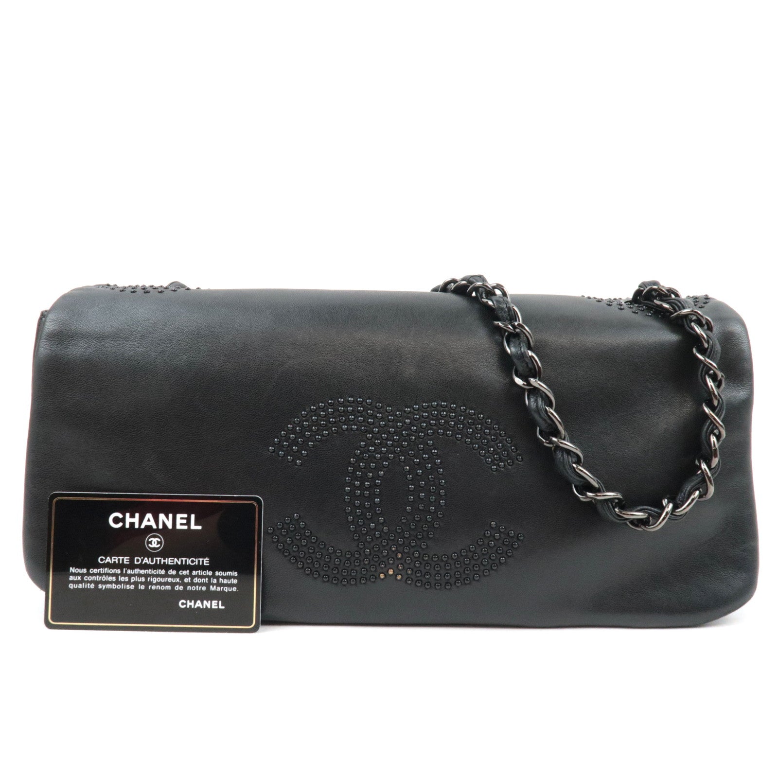 CHANEL Studs Coco Mark Chain Shoulder Bag Leather Black 12341648 *G card