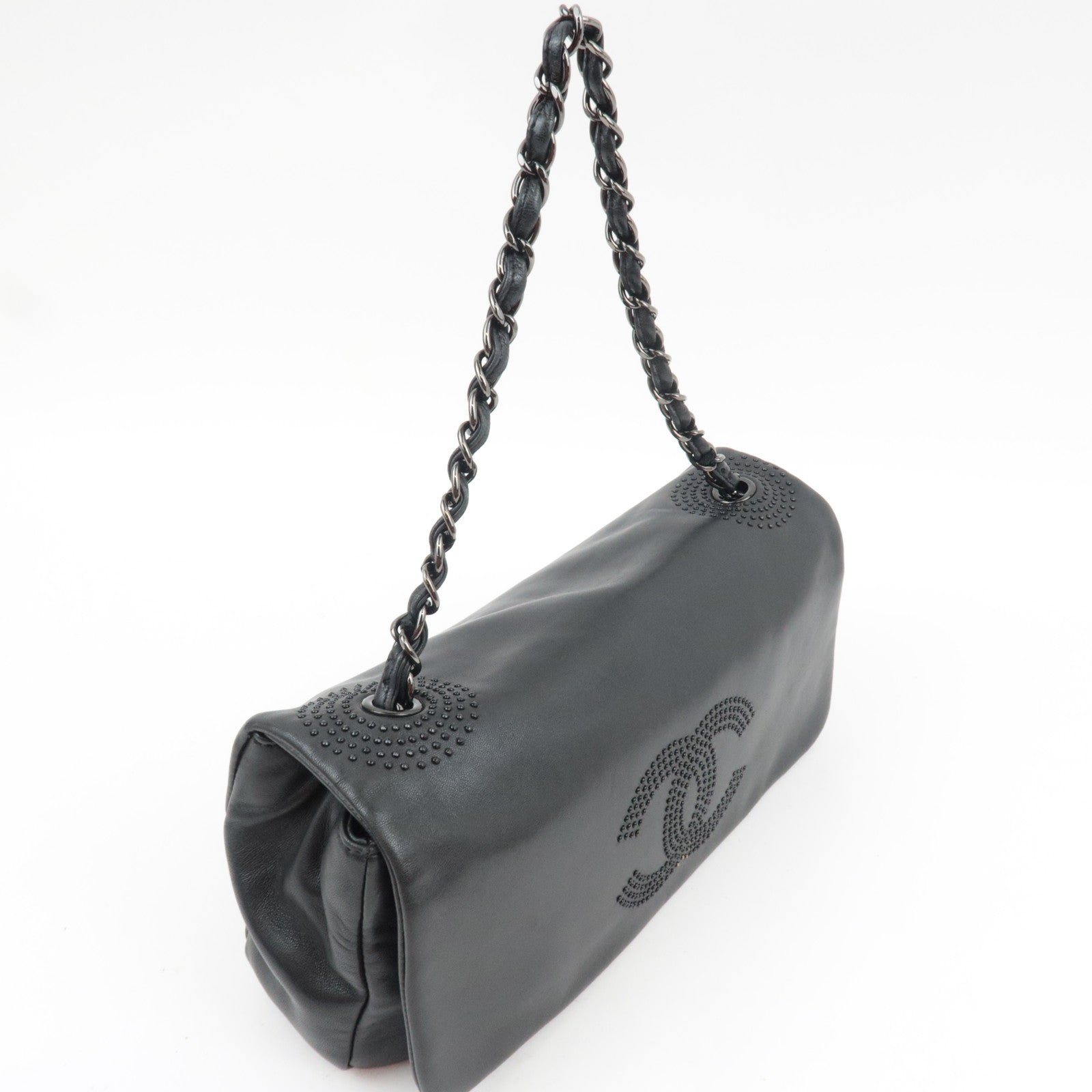 CHANEL Studs Coco Mark Chain Shoulder Bag Leather Black 12341648 *G card