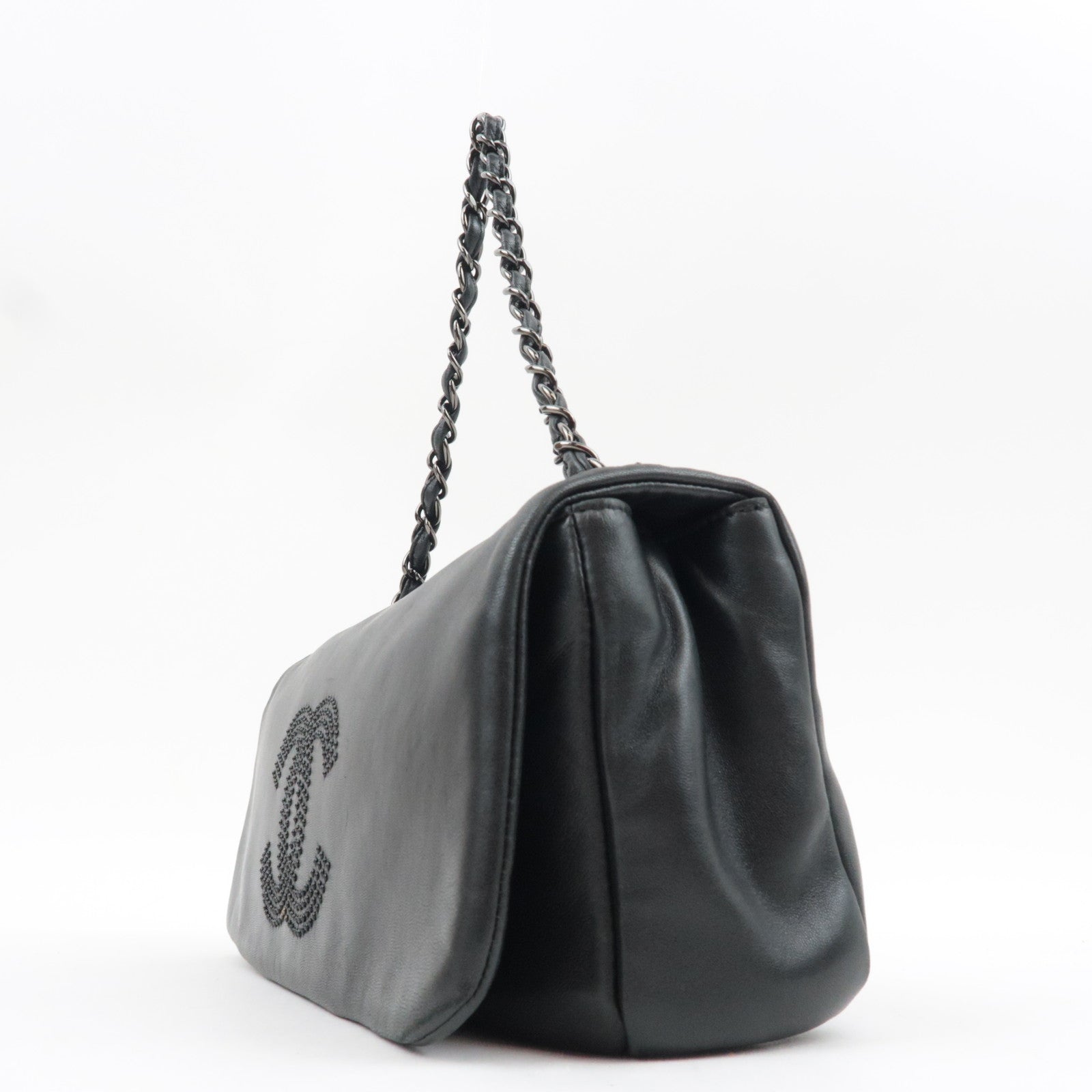 CHANEL Studs Coco Mark Chain Shoulder Bag Leather Black 12341648 *G card