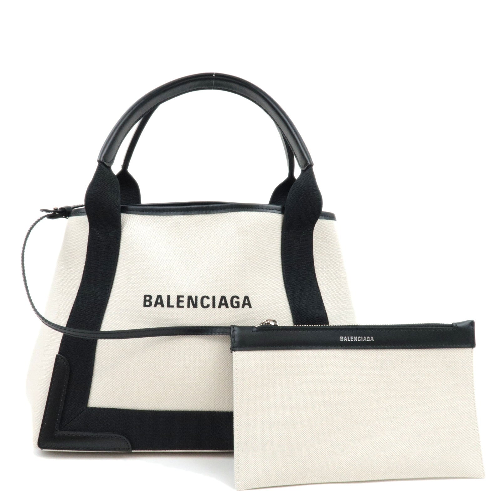 BALENCIAGA Navy Cabas S Handbag Canvas Leather White Black 339933 *Dust bag, Pouch82197