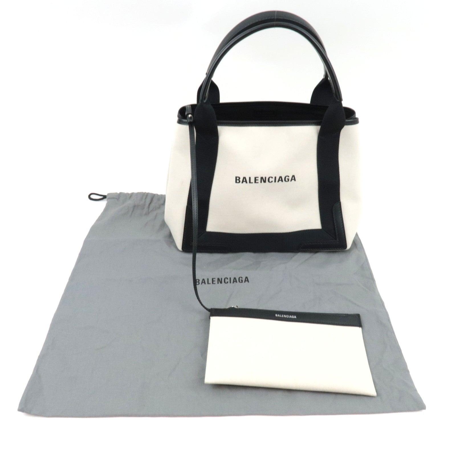 BALENCIAGA Navy Cabas S Handbag Canvas Leather White Black 339933 *Dust bag, Pouch