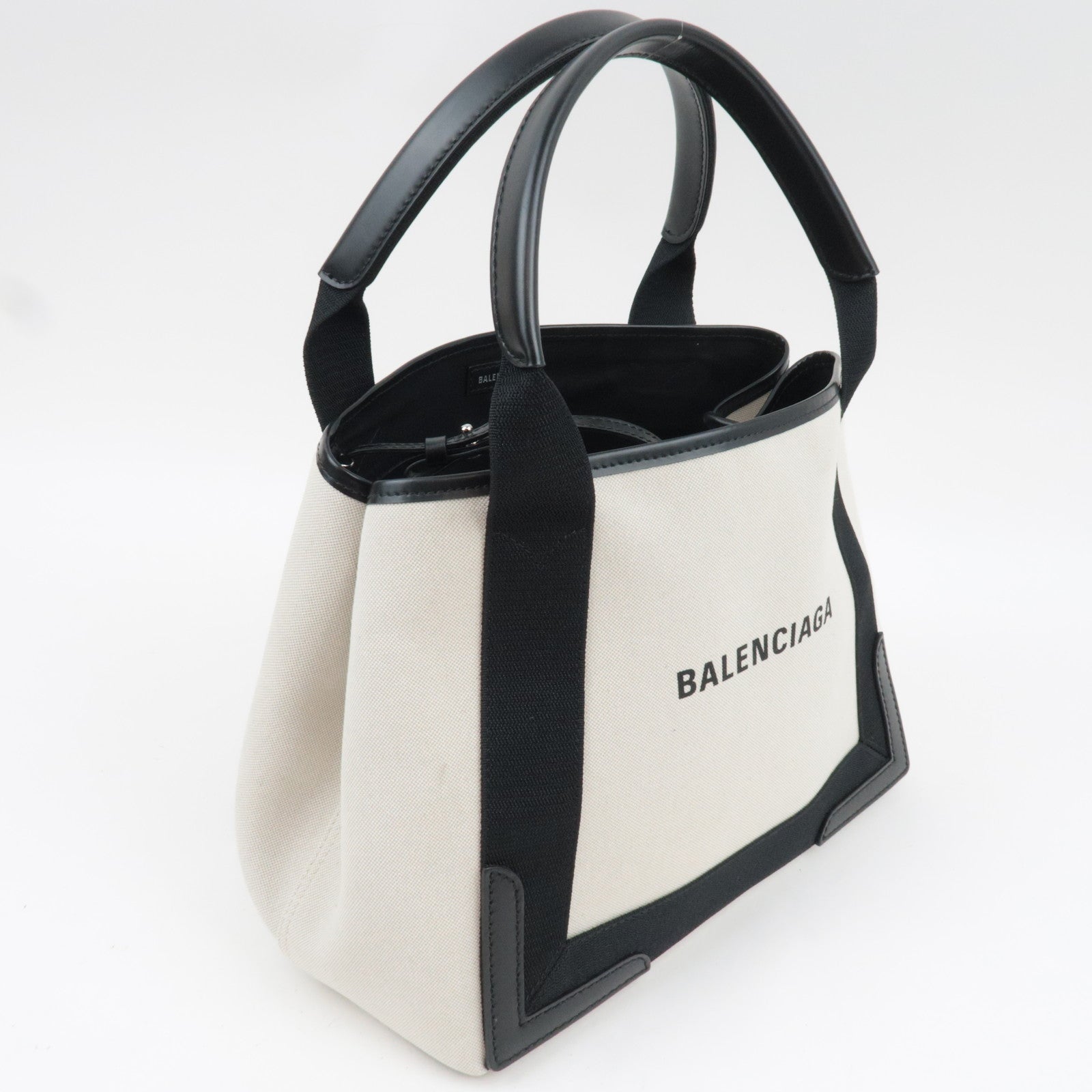 BALENCIAGA Navy Cabas S Handbag Canvas Leather White Black 339933 *Dust bag, Pouch