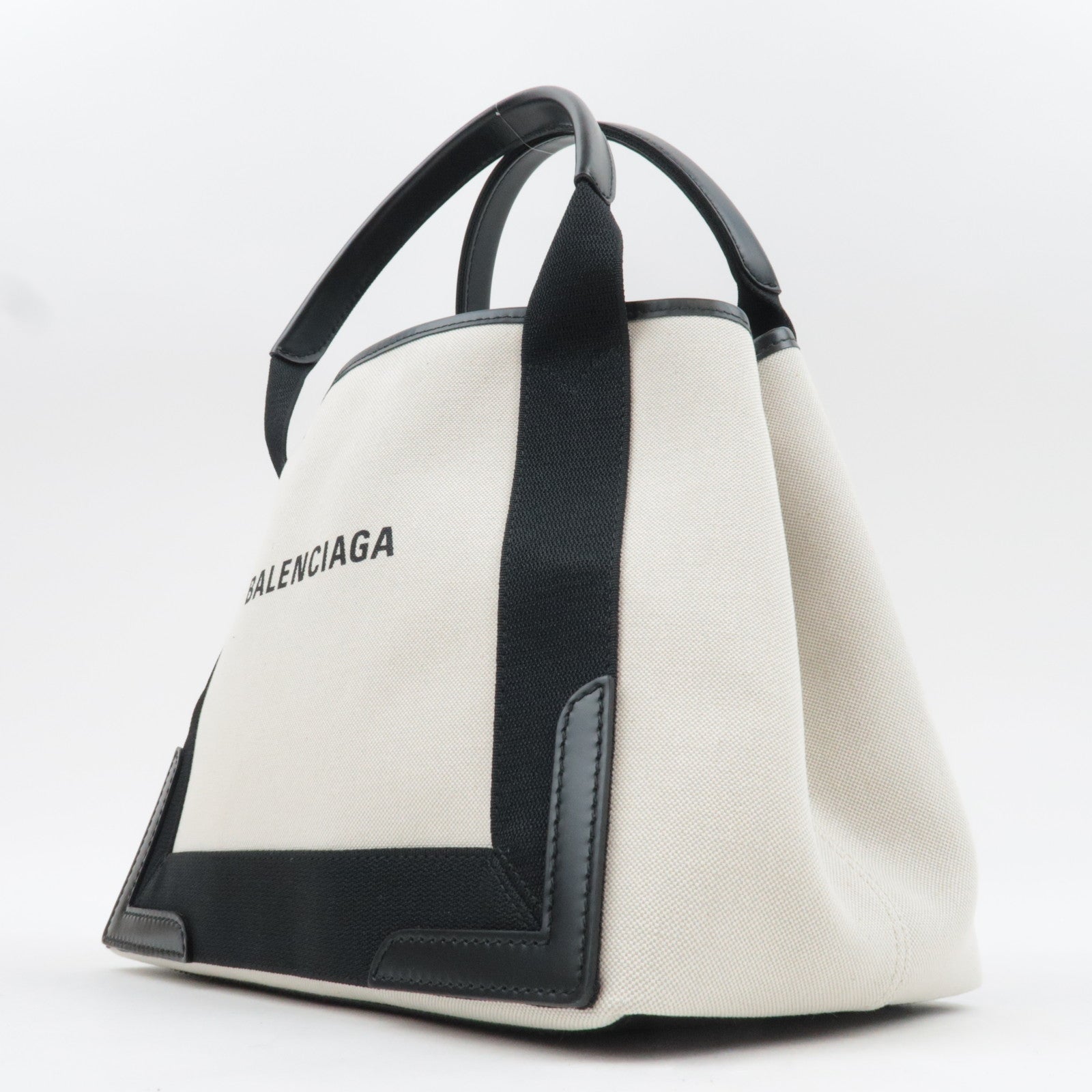 BALENCIAGA Navy Cabas S Handbag Canvas Leather White Black 339933 *Dust bag, Pouch