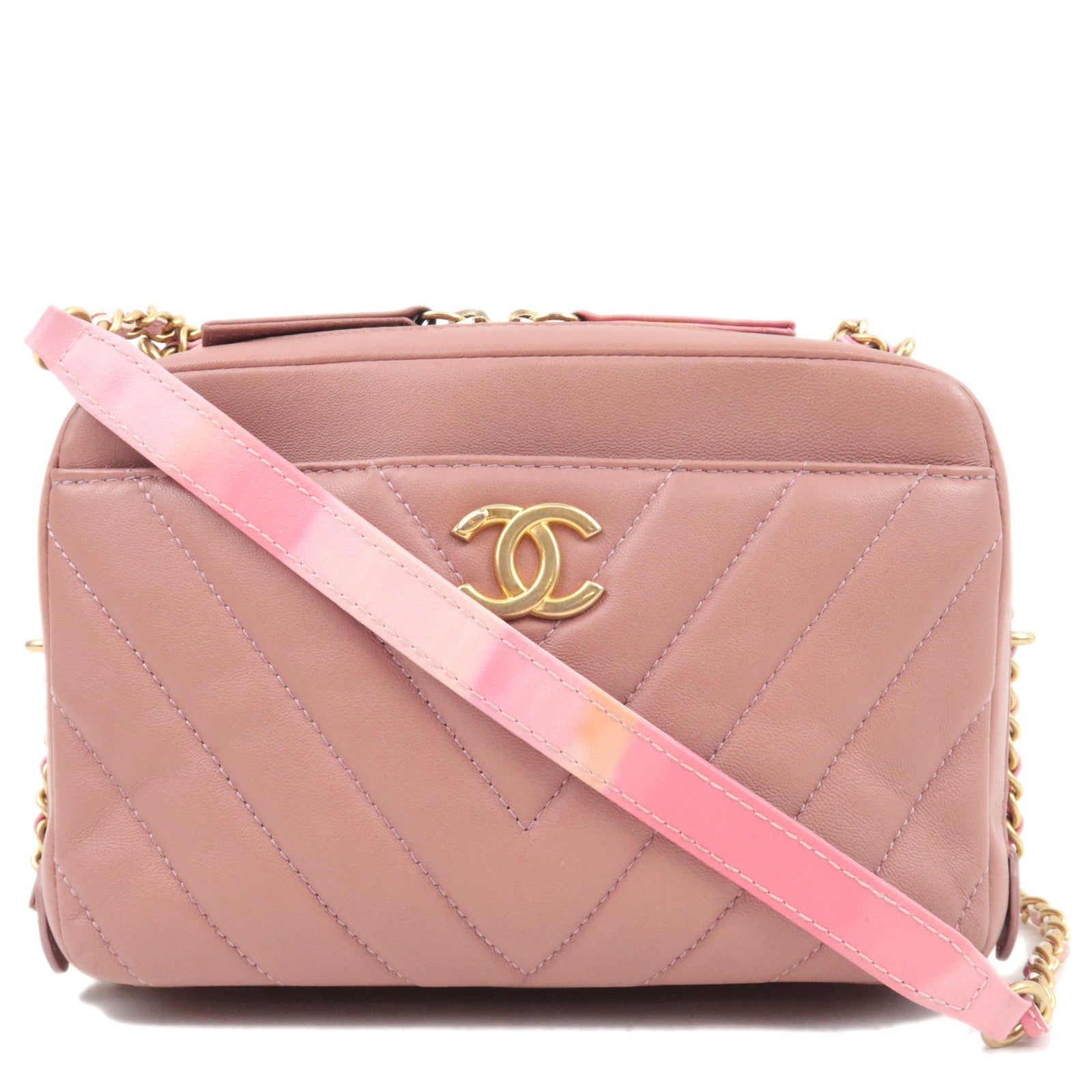 CHANEL Chevron V Stitch Chain Shoulder Bag Lambskin Pink Gold HDW 2530229782199
