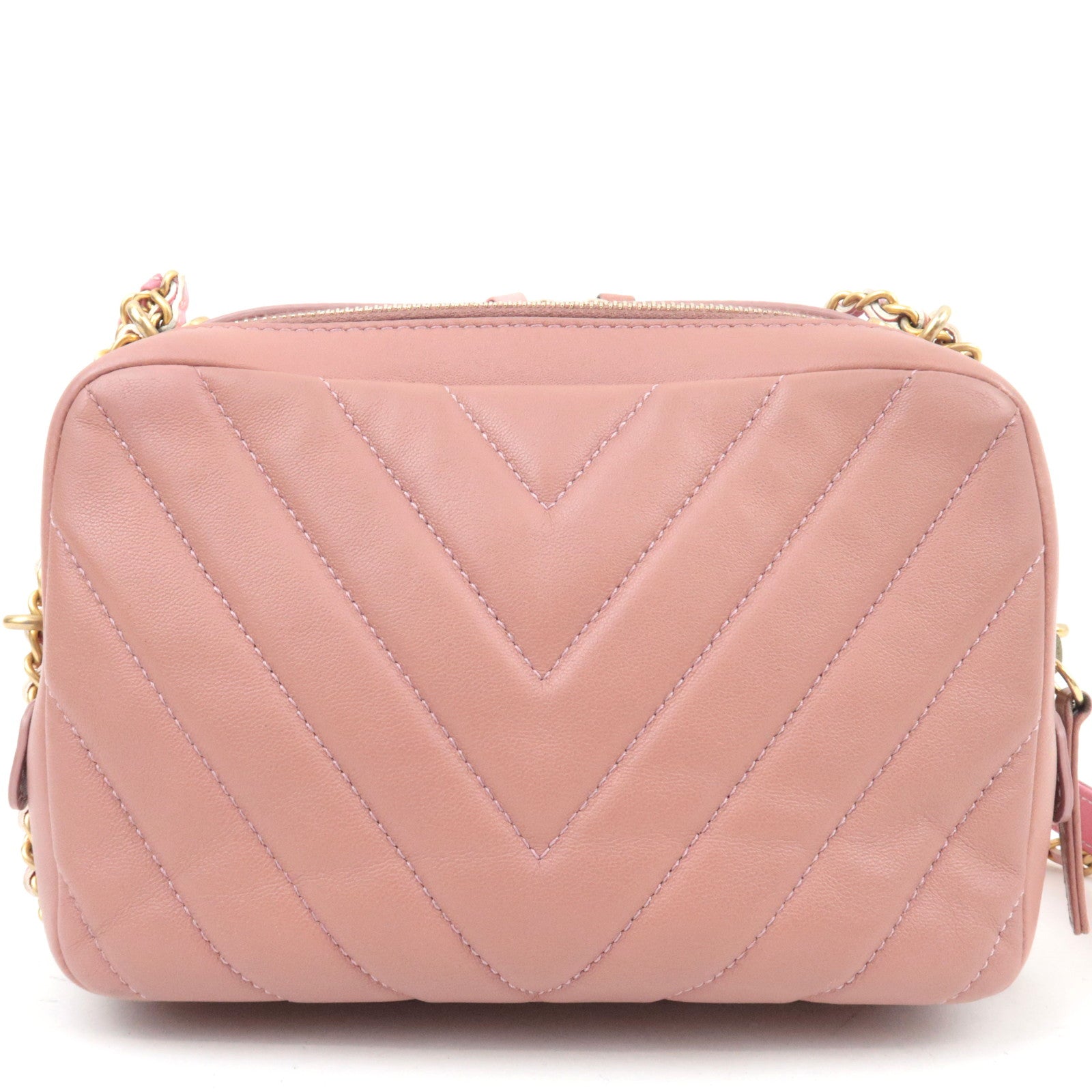 CHANEL Chevron V Stitch Chain Shoulder Bag Lambskin Pink Gold HDW 25302297