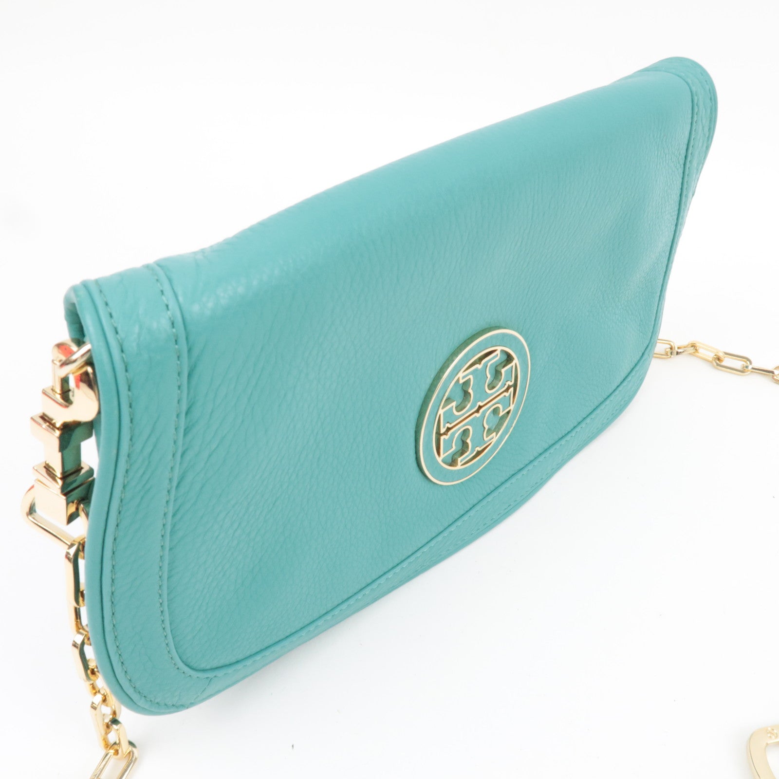 TORY BURCH 2Way Chain Shoulder Bag Clutch Bag Leather Turquoise *Dust bag