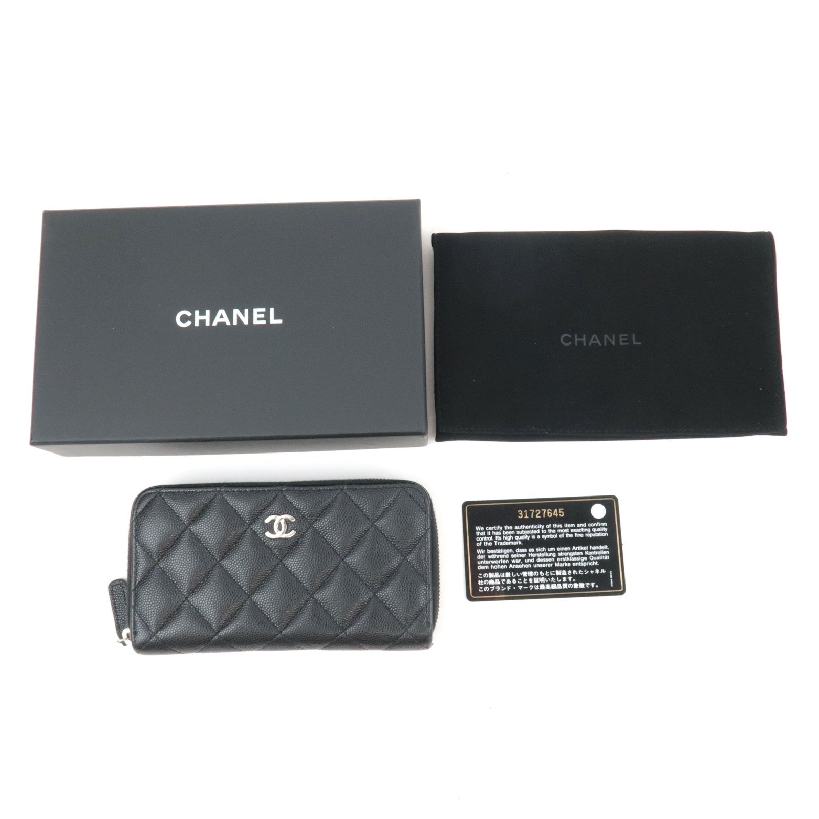 CHANEL Round Zipper Long Wallet Caviarskin Black Silver HDW 31727645 *Box, Dust bag, G card
