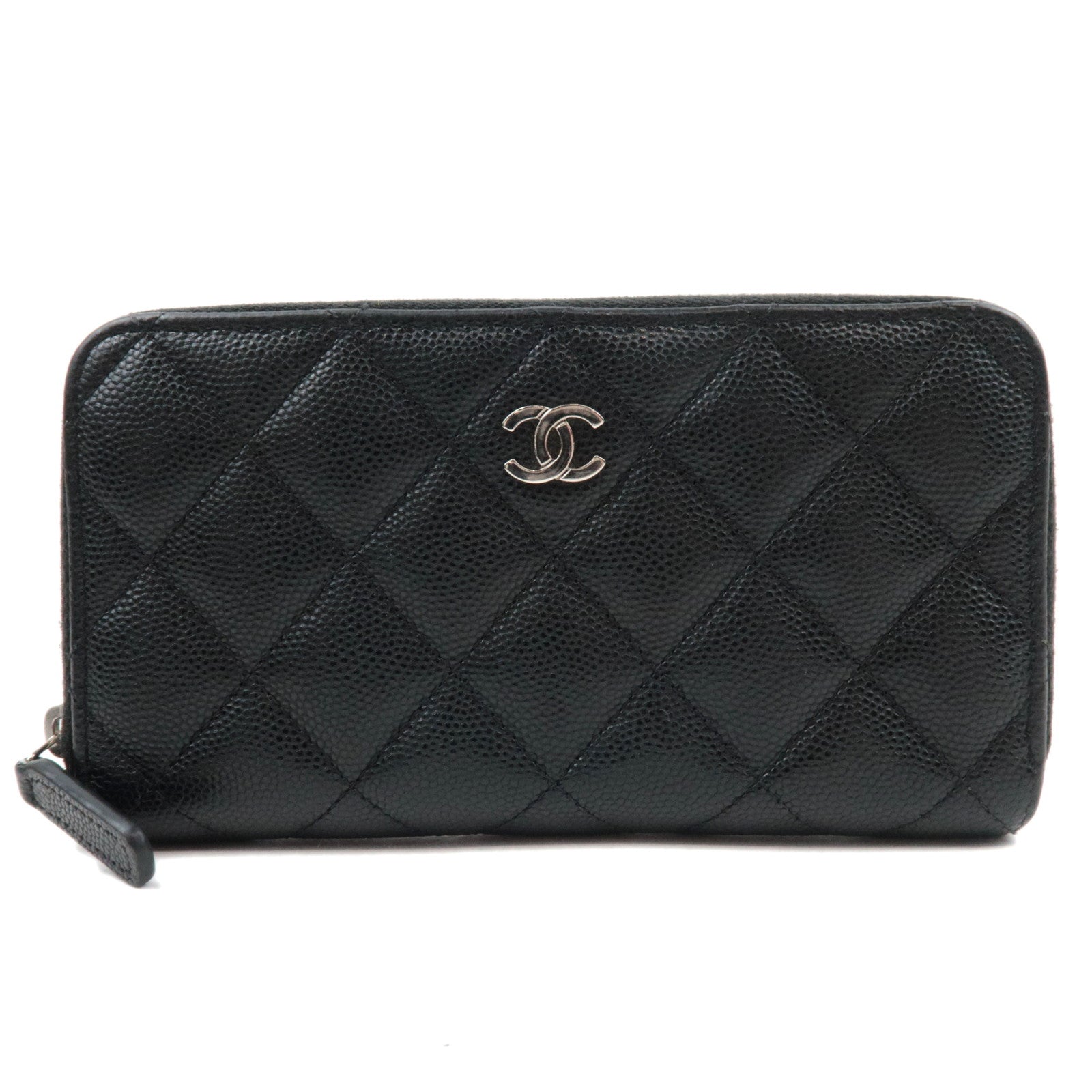 CHANEL Round Zipper Long Wallet Caviarskin Black Silver HDW 31727645 *Box, Dust bag, G card82205