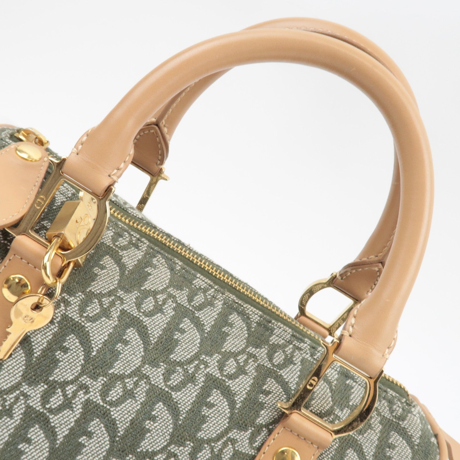 Christian Dior Trotter Boston Bag Canvas Leather Green *Key Lock