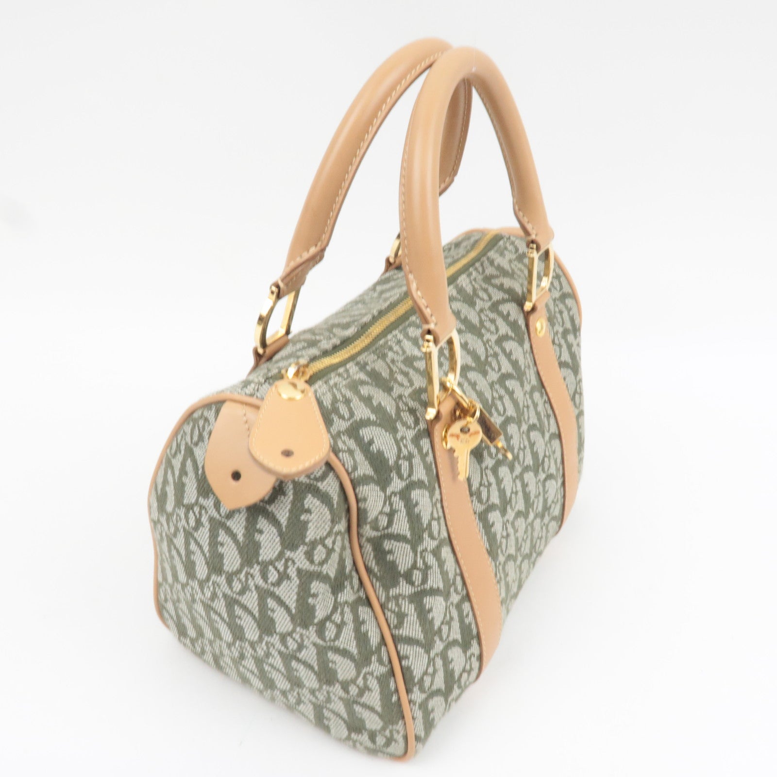 Christian Dior Trotter Boston Bag Canvas Leather Green *Key Lock