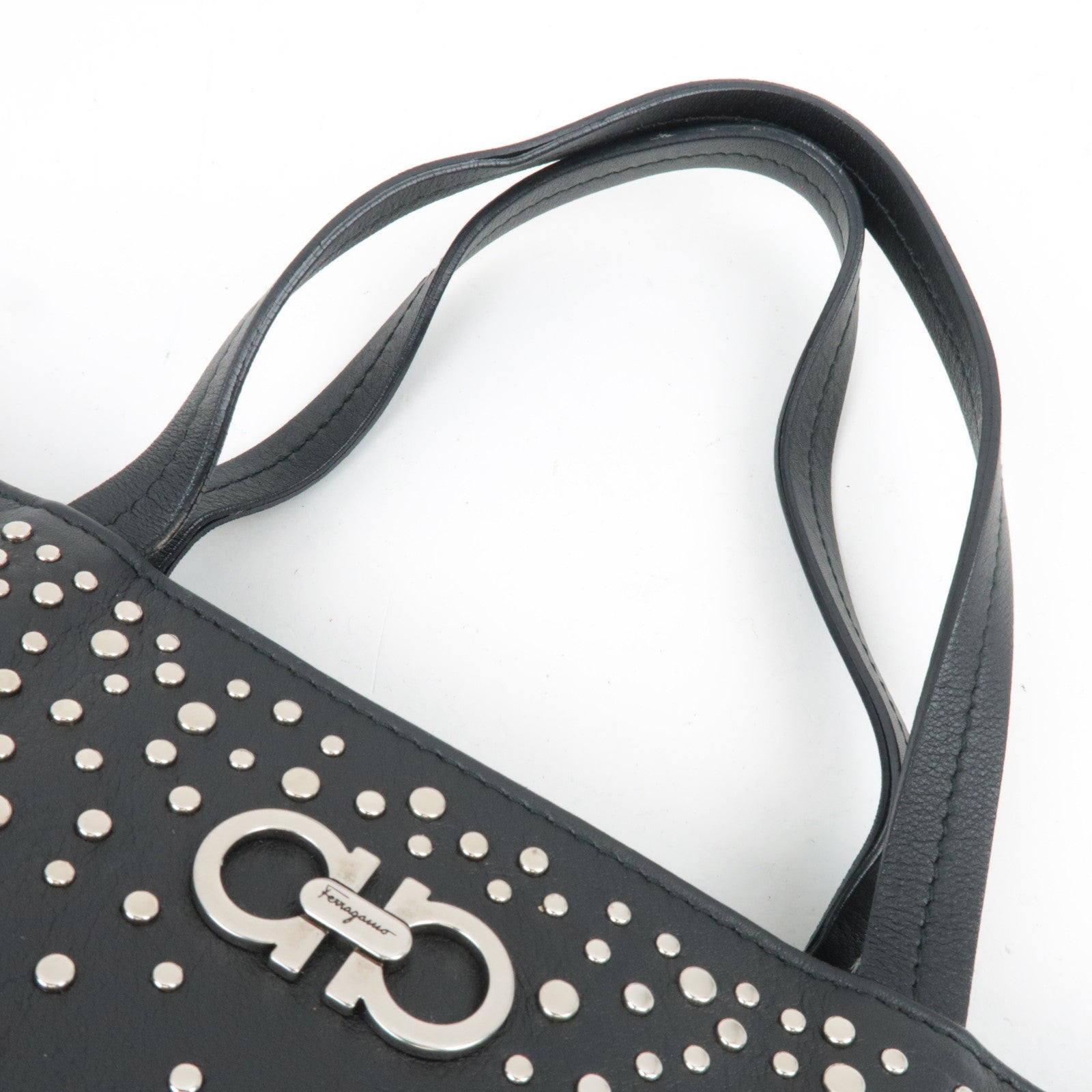 Ferragamo Gancini Studded Tote Bag Leather Black *Dust bag