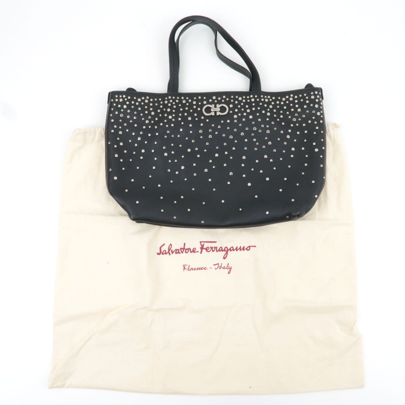 Ferragamo Gancini Studded Tote Bag Leather Black *Dust bag