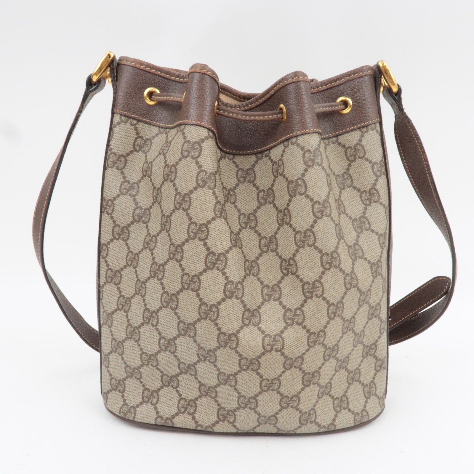 GUCCI Old Gucci Drawstring Shoulder Bag GG Plus Leather Beige 001.115.6179
