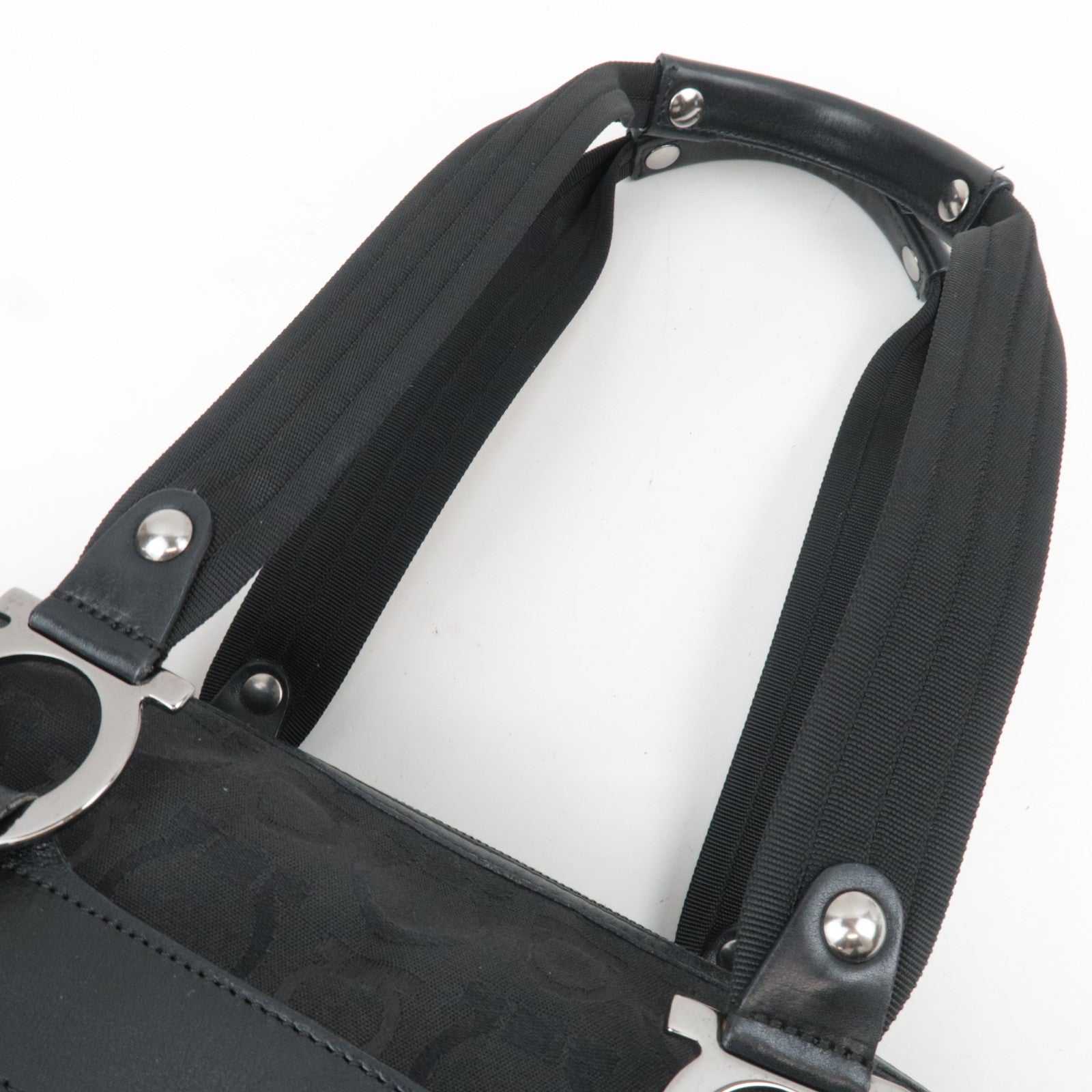 Ferragamo Gancini Shoulder Bag Canvas Leather Black