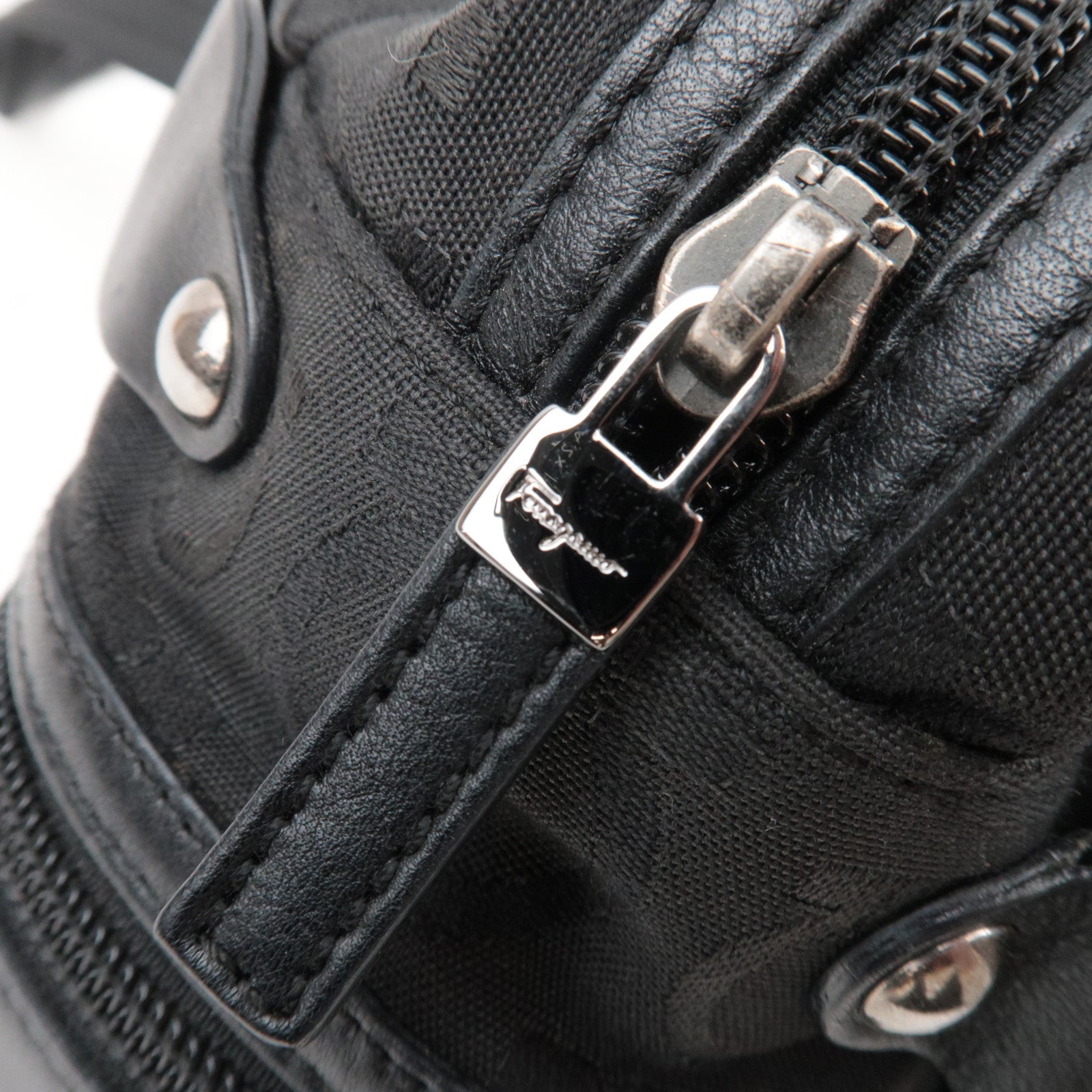 Ferragamo Gancini Shoulder Bag Canvas Leather Black