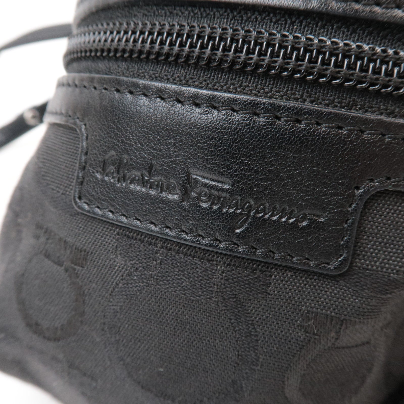 Ferragamo Gancini Shoulder Bag Canvas Leather Black