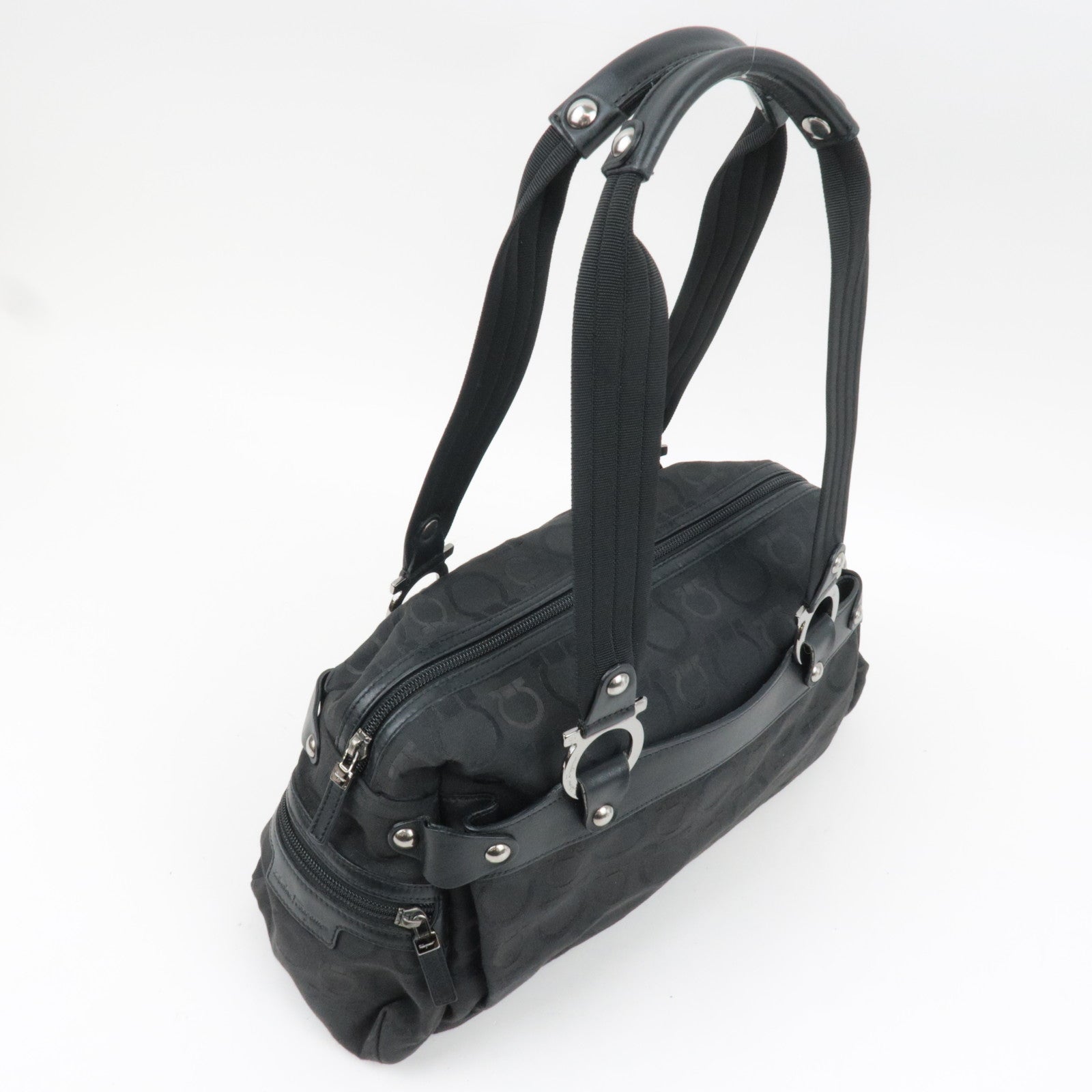 Ferragamo Gancini Shoulder Bag Canvas Leather Black