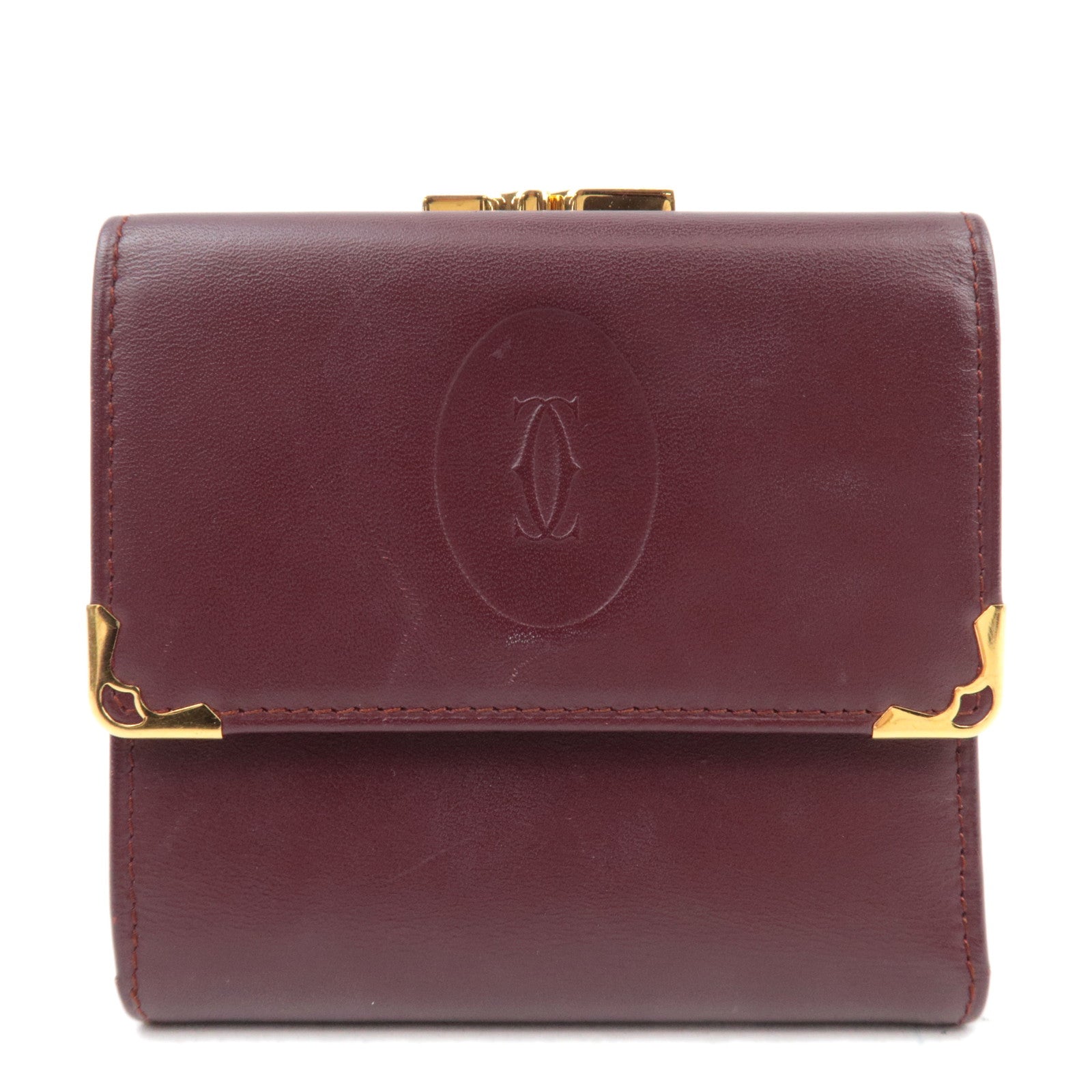 Cartier Must Line Kiss Lock Tri-Fold Wallet Leather Bordeaux *Box82282