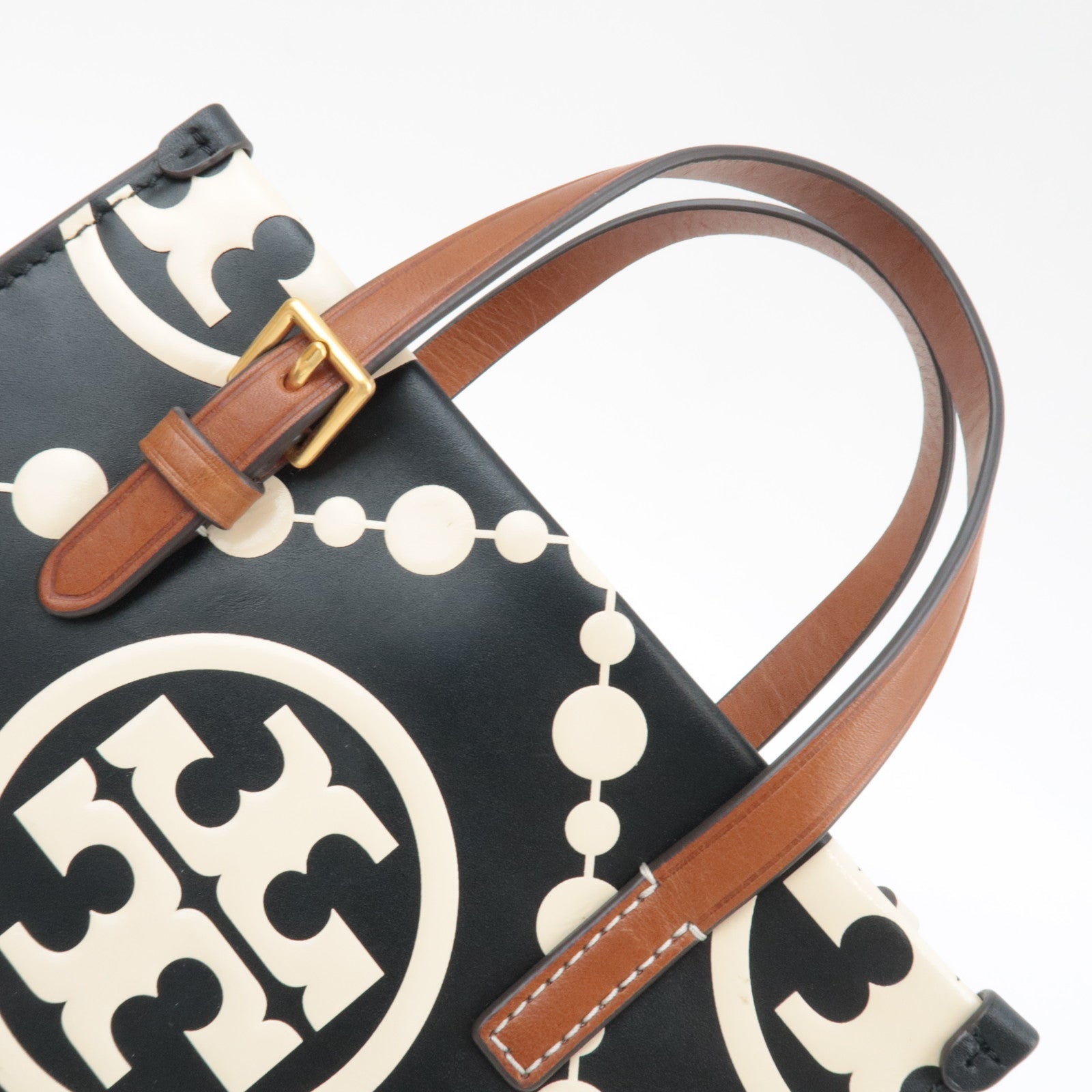 TORY BURCH T Monogram Contrast Embossed Mini Square Leather Tote Bag Black Ivory *Dust bag, Strap