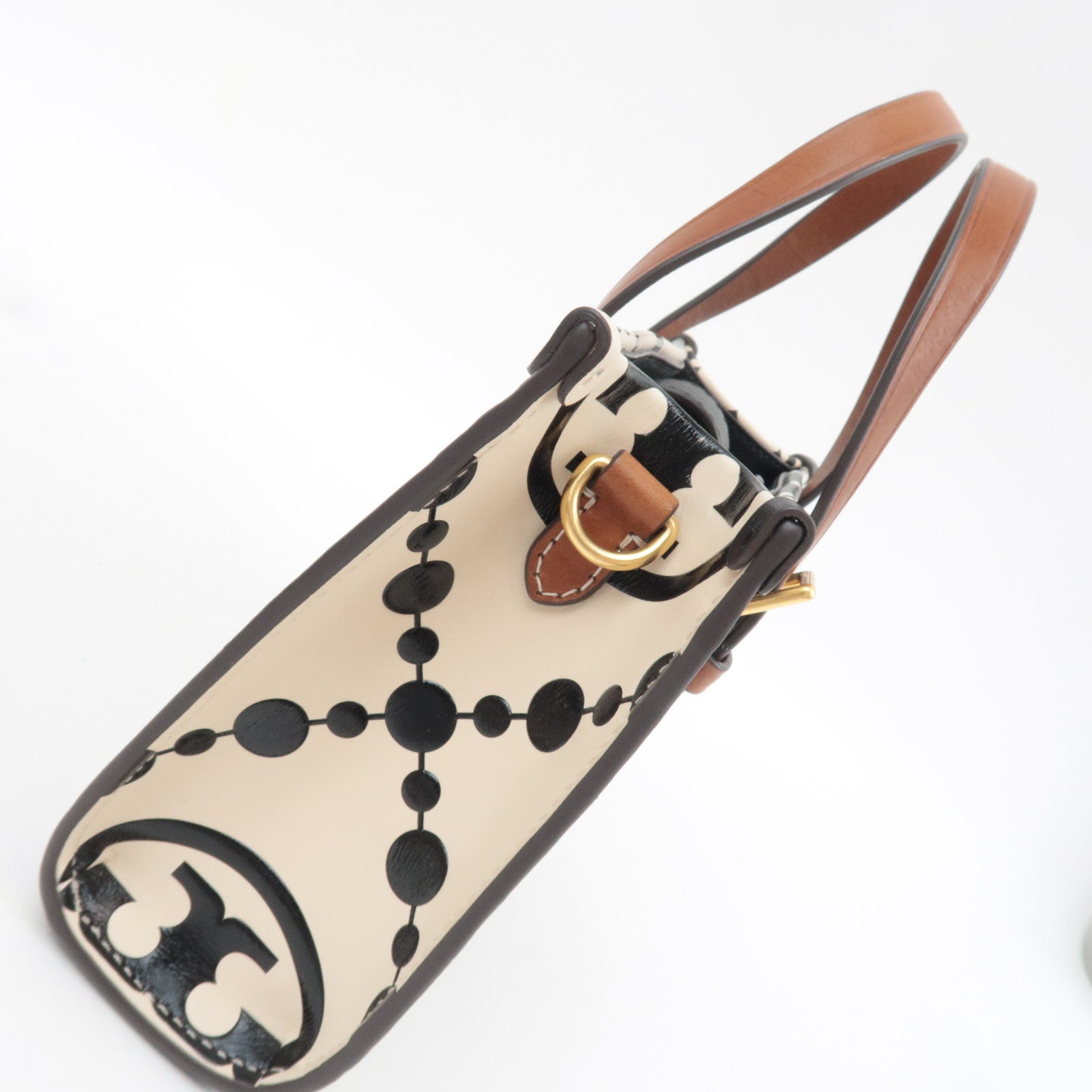 TORY BURCH T Monogram Contrast Embossed Mini Square Leather Tote Bag Black Ivory *Dust bag, Strap