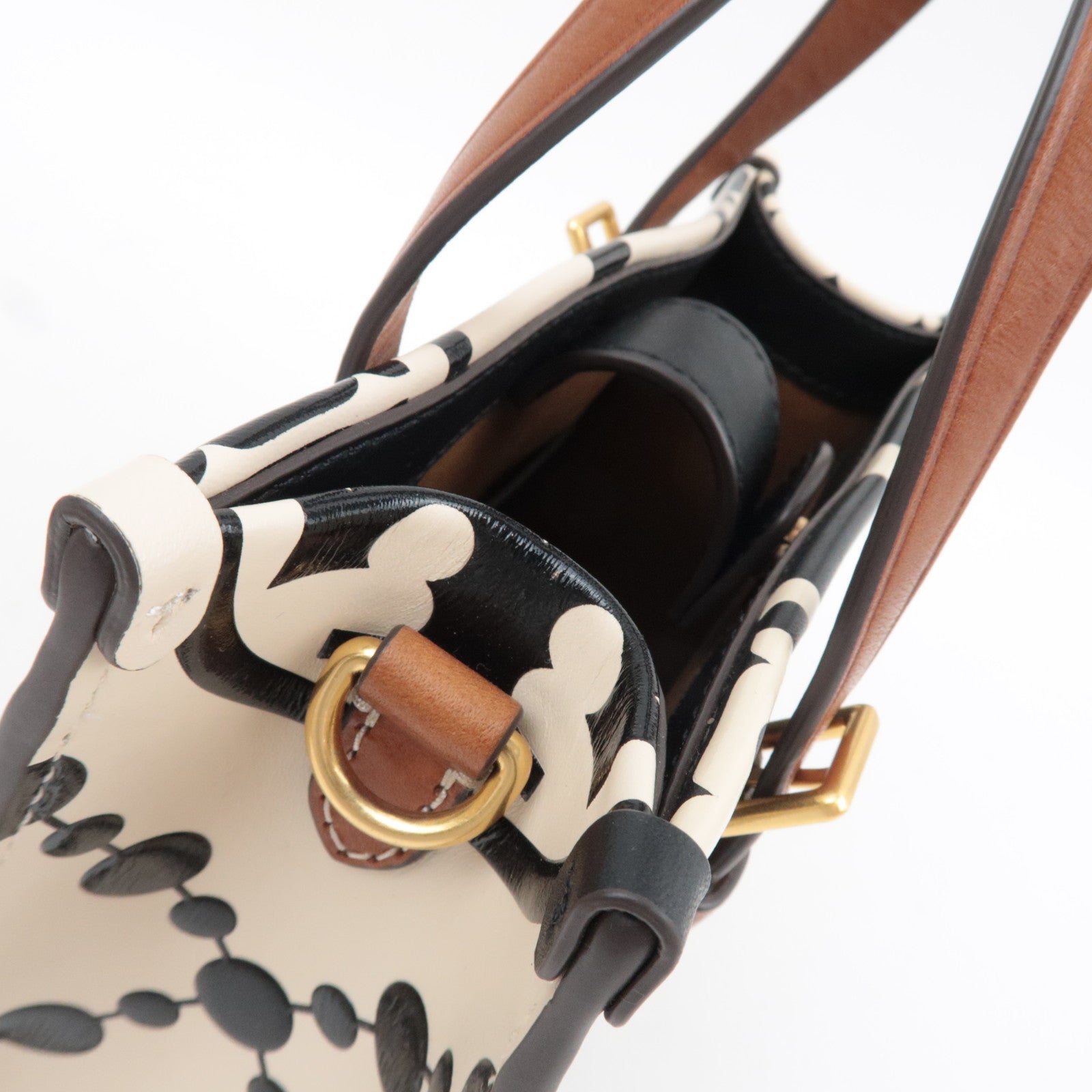 TORY BURCH T Monogram Contrast Embossed Mini Square Leather Tote Bag Black Ivory *Dust bag, Strap