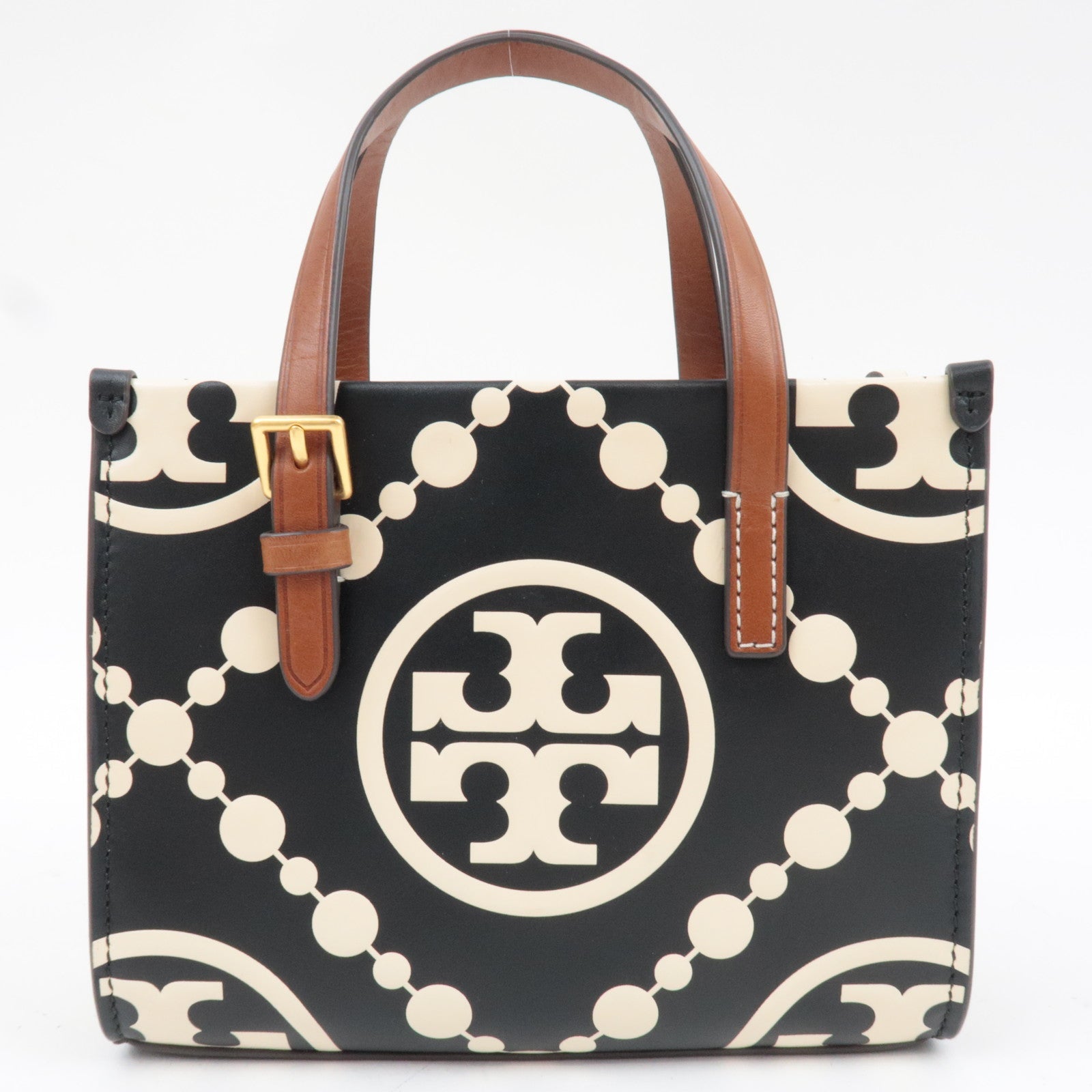 TORY BURCH T Monogram Contrast Embossed Mini Square Leather Tote Bag Black Ivory *Dust bag, Strap