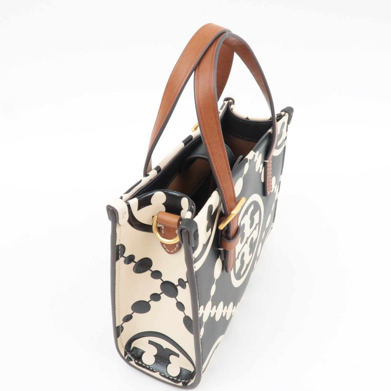 TORY BURCH T Monogram Contrast Embossed Mini Square Leather Tote Bag Black Ivory *Dust bag, Strap