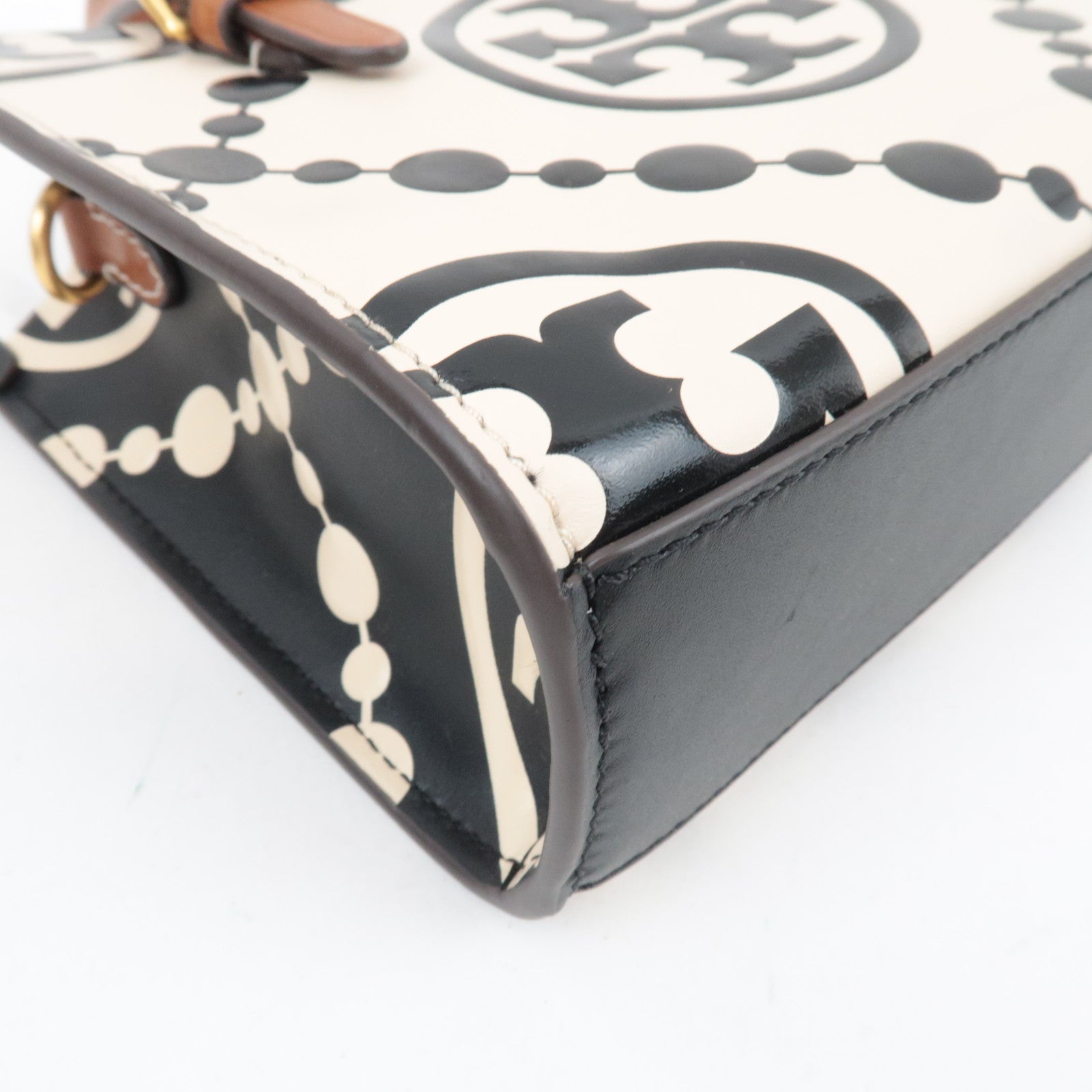 TORY BURCH T Monogram Contrast Embossed Mini Square Leather Tote Bag Black Ivory *Dust bag, Strap