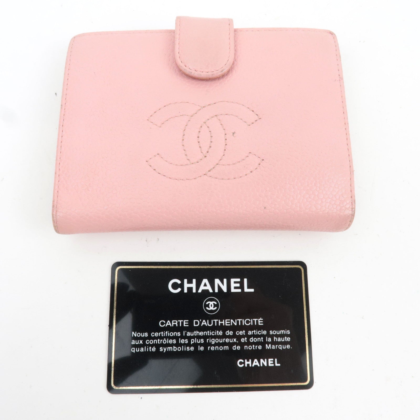 CHANEL Coco Mark Kiss Lock Caviarskin Bifold Wallet Pink Gold HDW 9170189 *G card