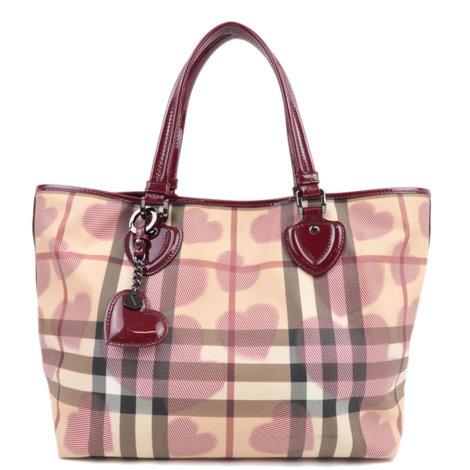 BURBERRY Heart Nova Plaid Tote Bag PVC Patnet Beige Bordeaux82387