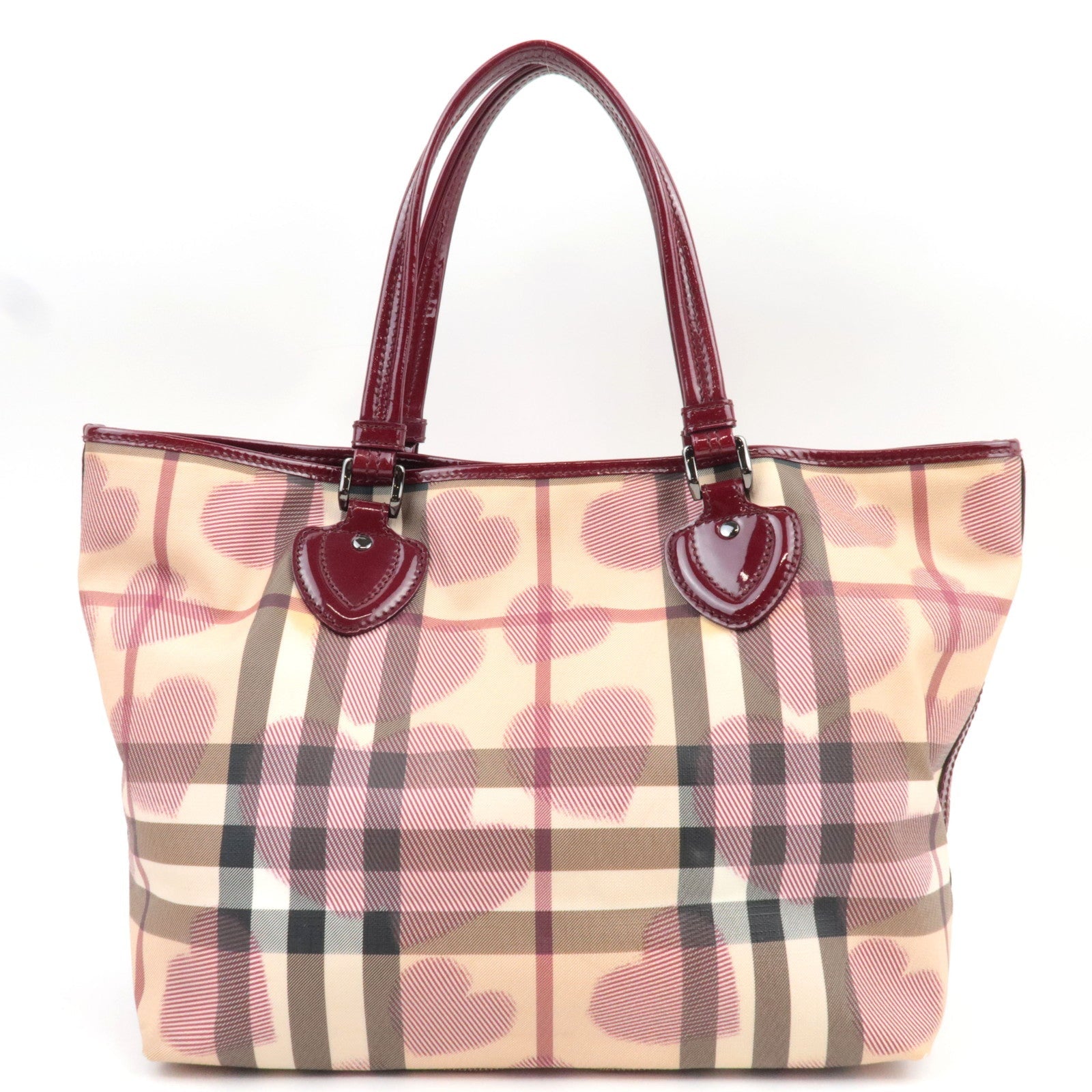 BURBERRY Heart Nova Plaid Tote Bag PVC Patnet Beige Bordeaux