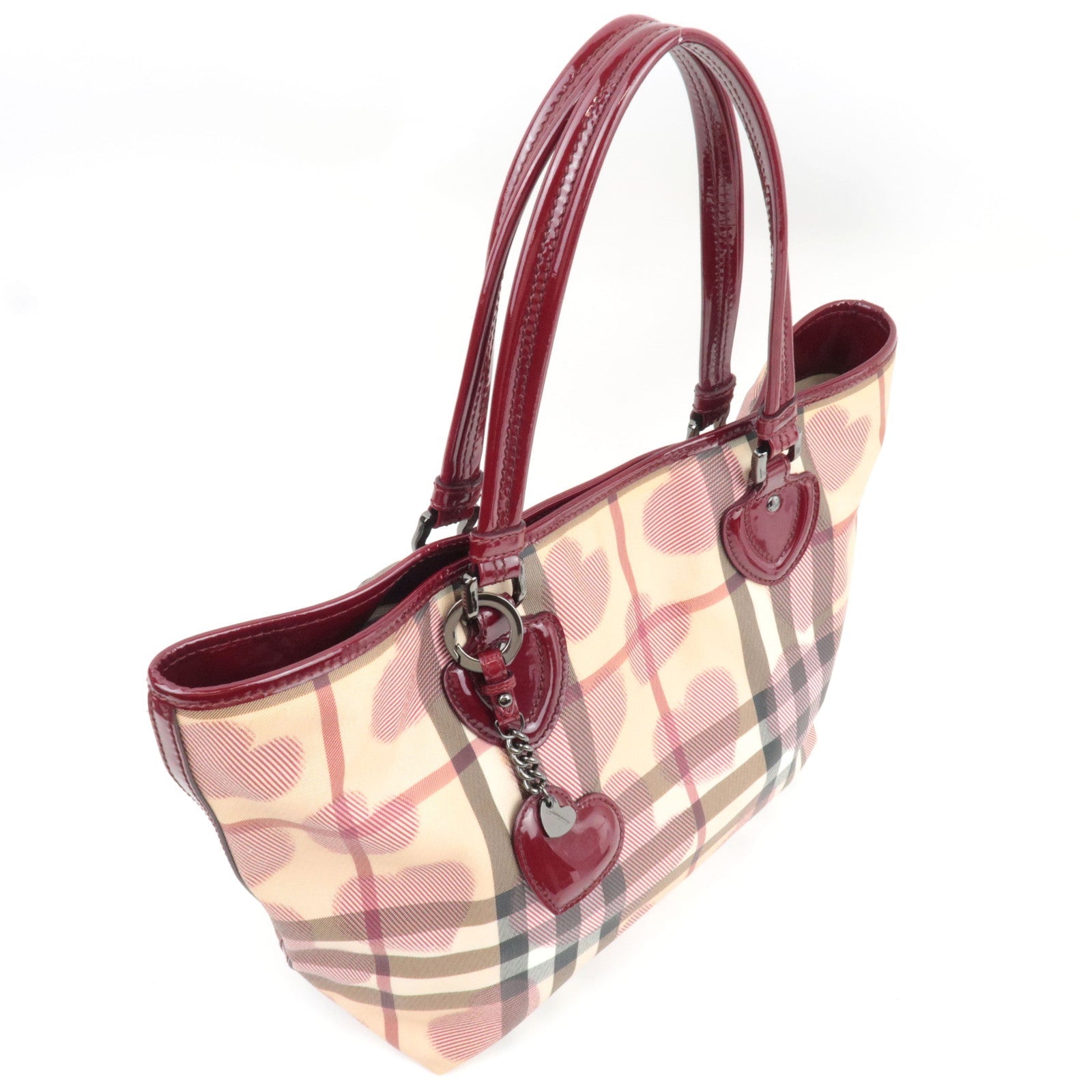 BURBERRY Heart Nova Plaid Tote Bag PVC Patnet Beige Bordeaux
