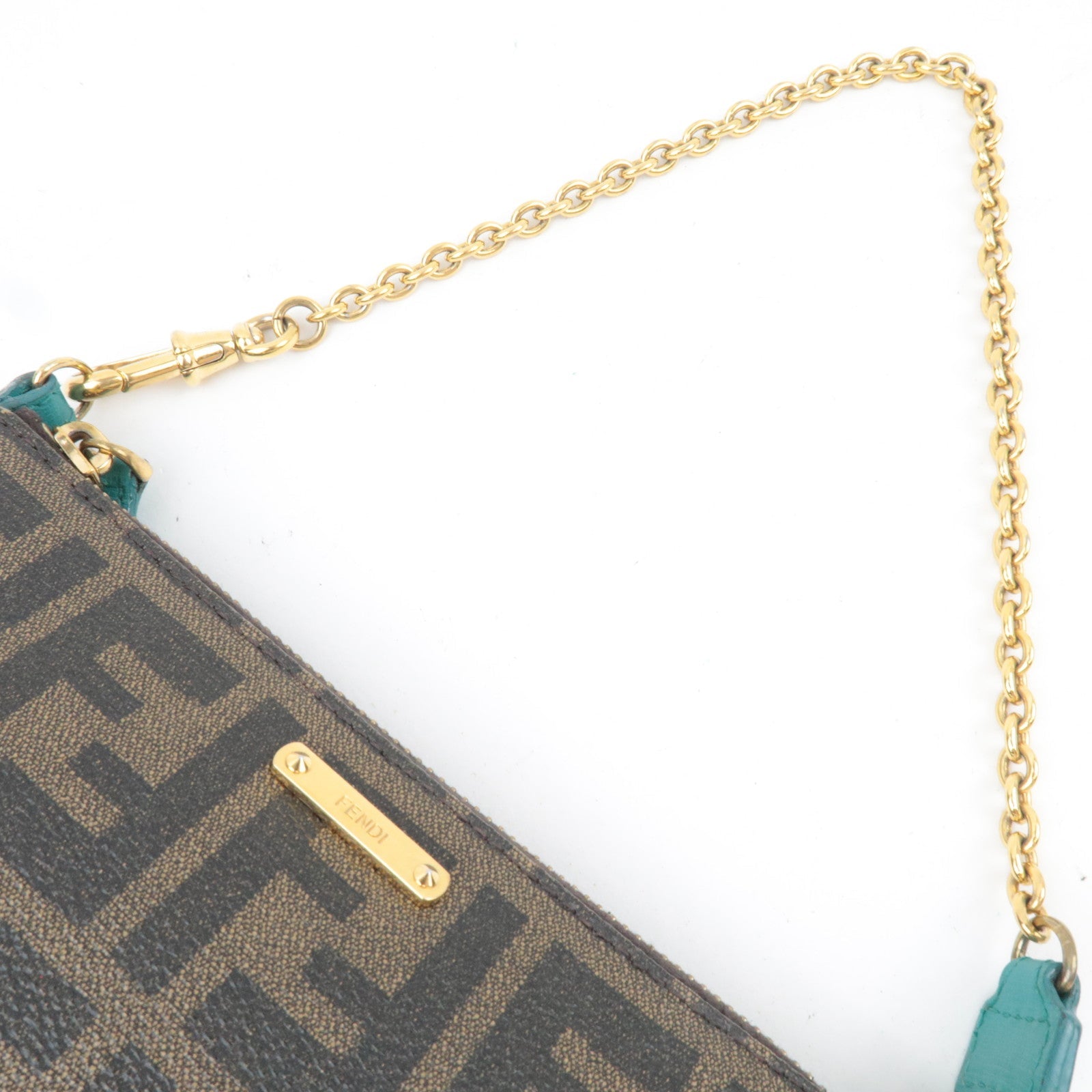 FENDI Zucca Chain Handbag PVC Leather Brown Black Turquoise 8M0271