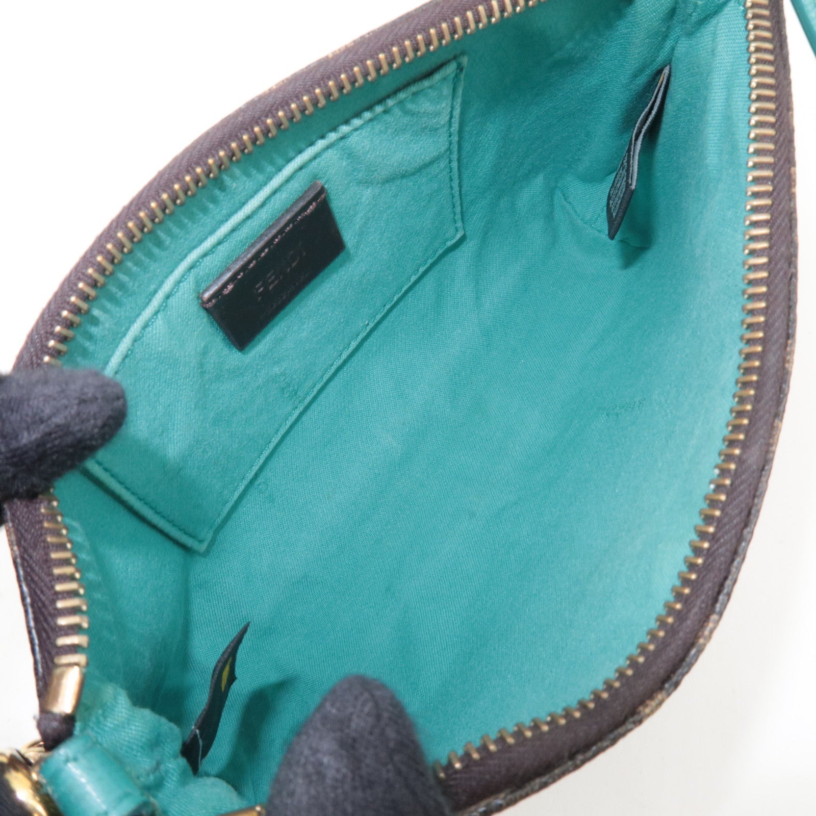 FENDI Zucca Chain Handbag PVC Leather Brown Black Turquoise 8M0271