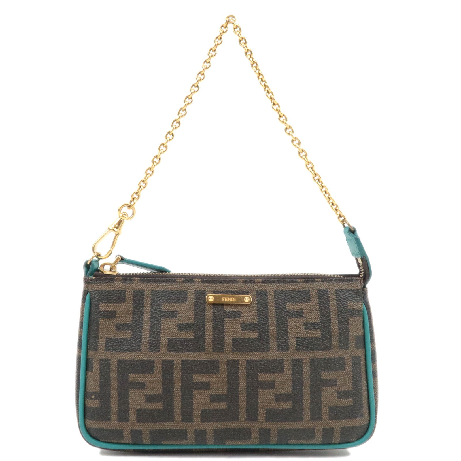 FENDI Zucca Chain Handbag PVC Leather Brown Black Turquoise 8M027182401