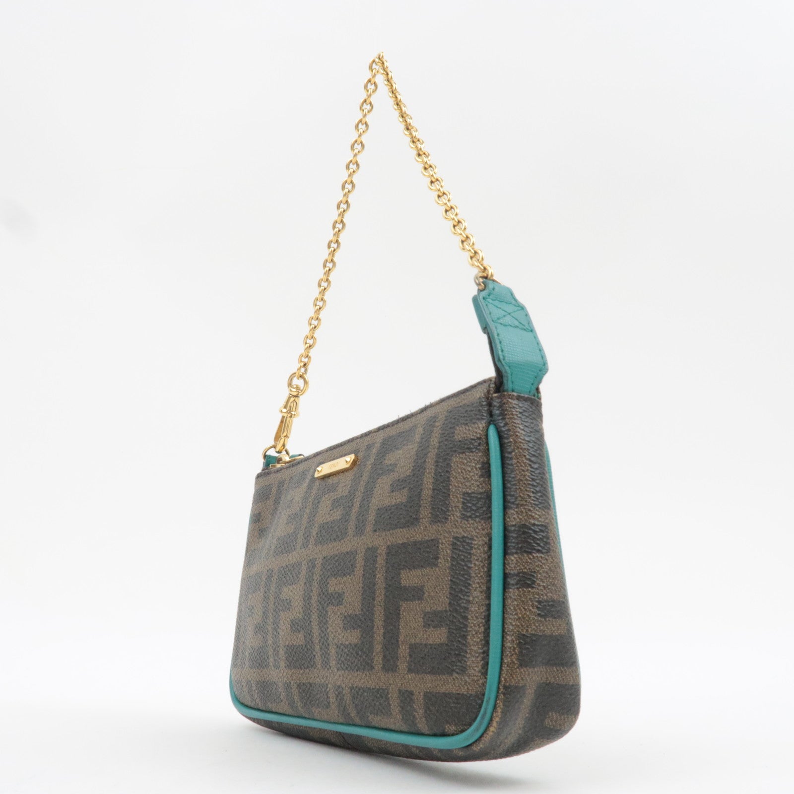 FENDI Zucca Chain Handbag PVC Leather Brown Black Turquoise 8M0271