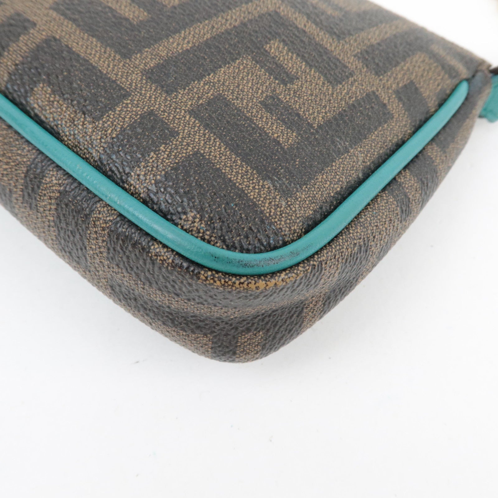 FENDI Zucca Chain Handbag PVC Leather Brown Black Turquoise 8M0271