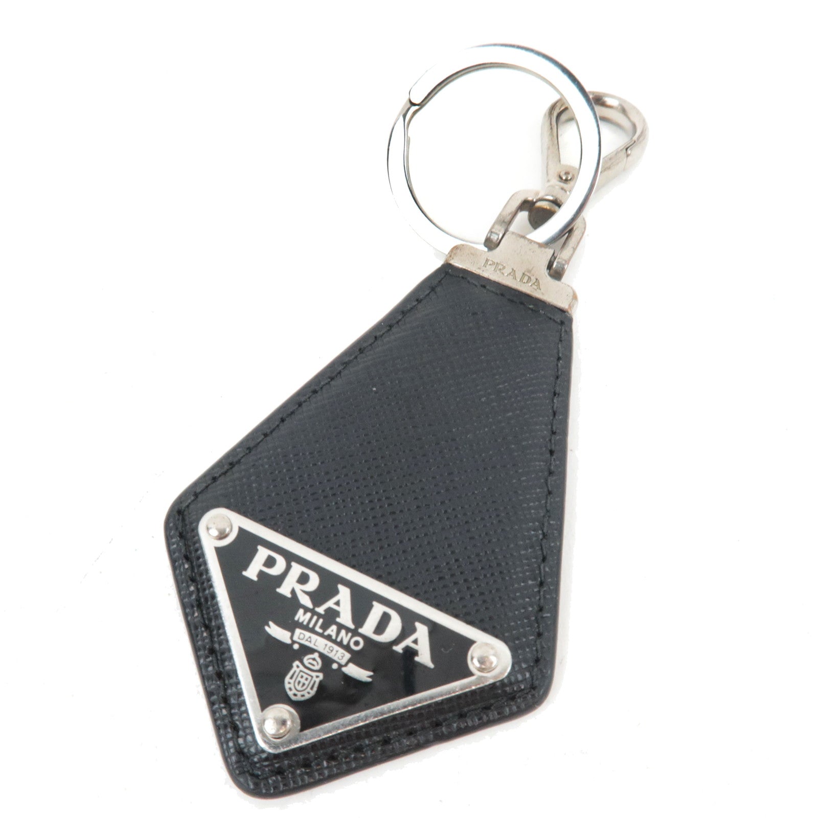 PRADA Saffiano Key Ring Bag Charm Leather Black Silver HDW *Box82416
