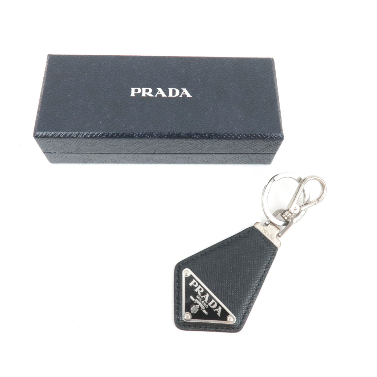 PRADA Saffiano Key Ring Bag Charm Leather Black Silver HDW *Box