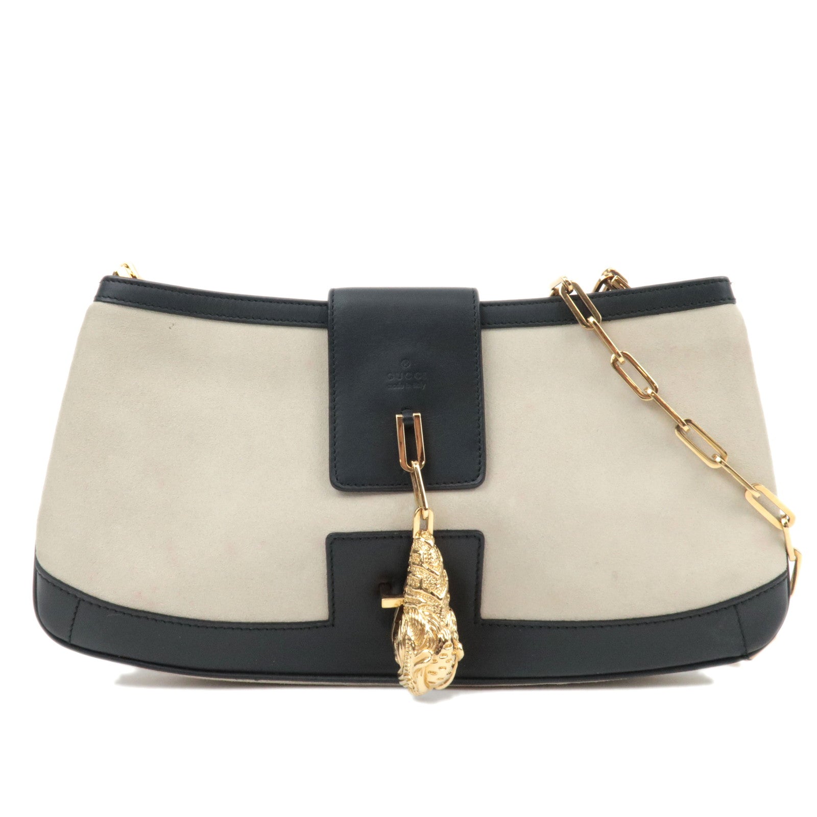 GUCCI Tiger Head Suede Leather Shoulder Bag Light Gray Black 001.4110.001013 *Dust bag82427