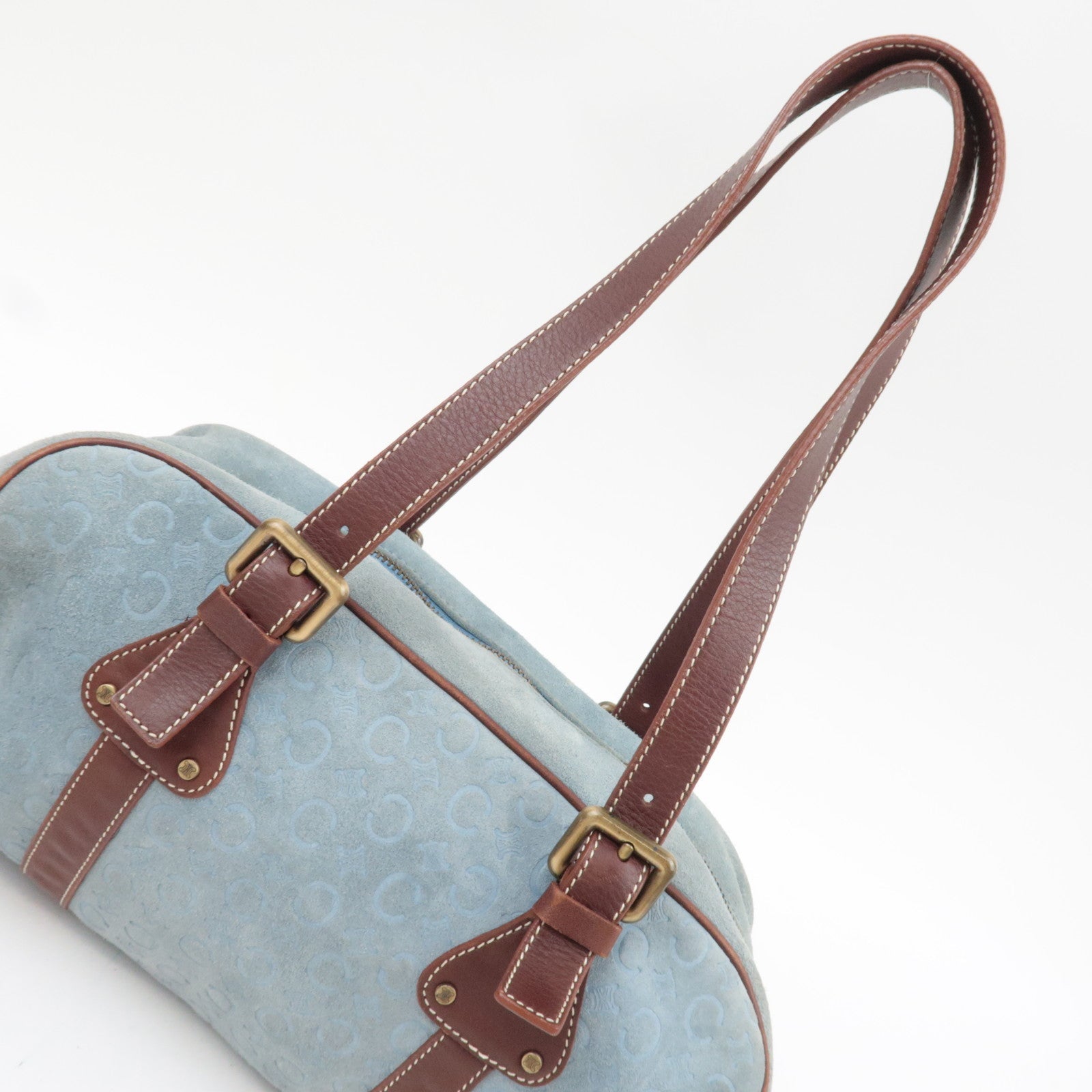CELINE C Macadam Suede Leather Shoulder Bag Blue Brown