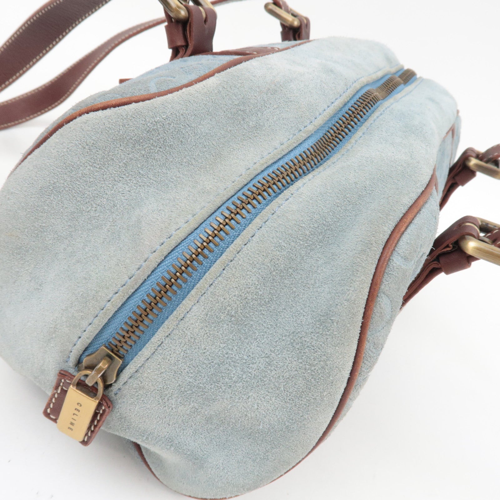 CELINE C Macadam Suede Leather Shoulder Bag Blue Brown