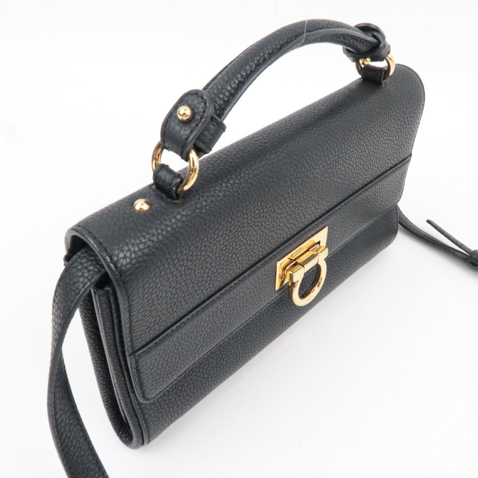 Ferragamo Gancini 2Way Leather Shoulder Bag Black Gold HDW