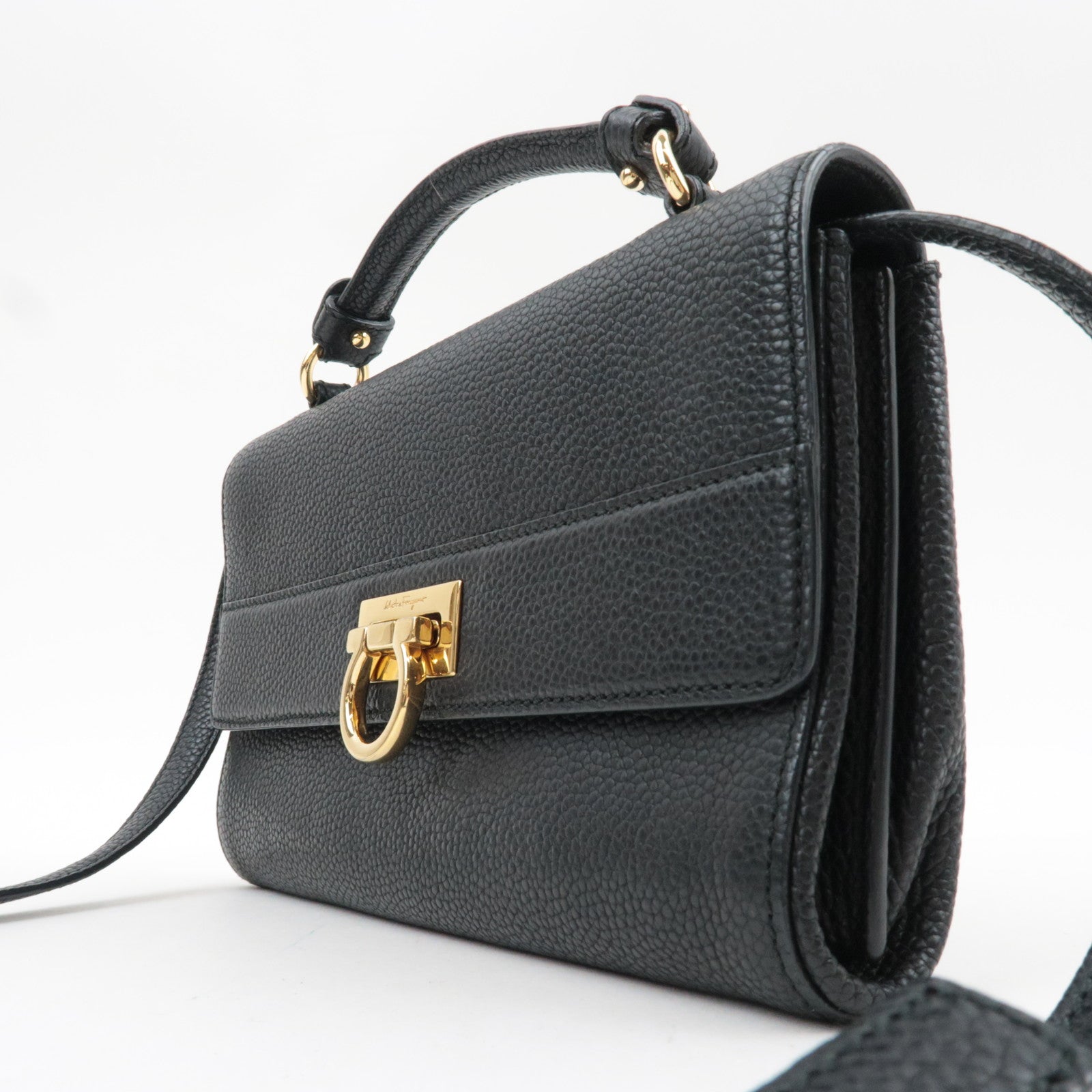 Ferragamo Gancini 2Way Leather Shoulder Bag Black Gold HDW