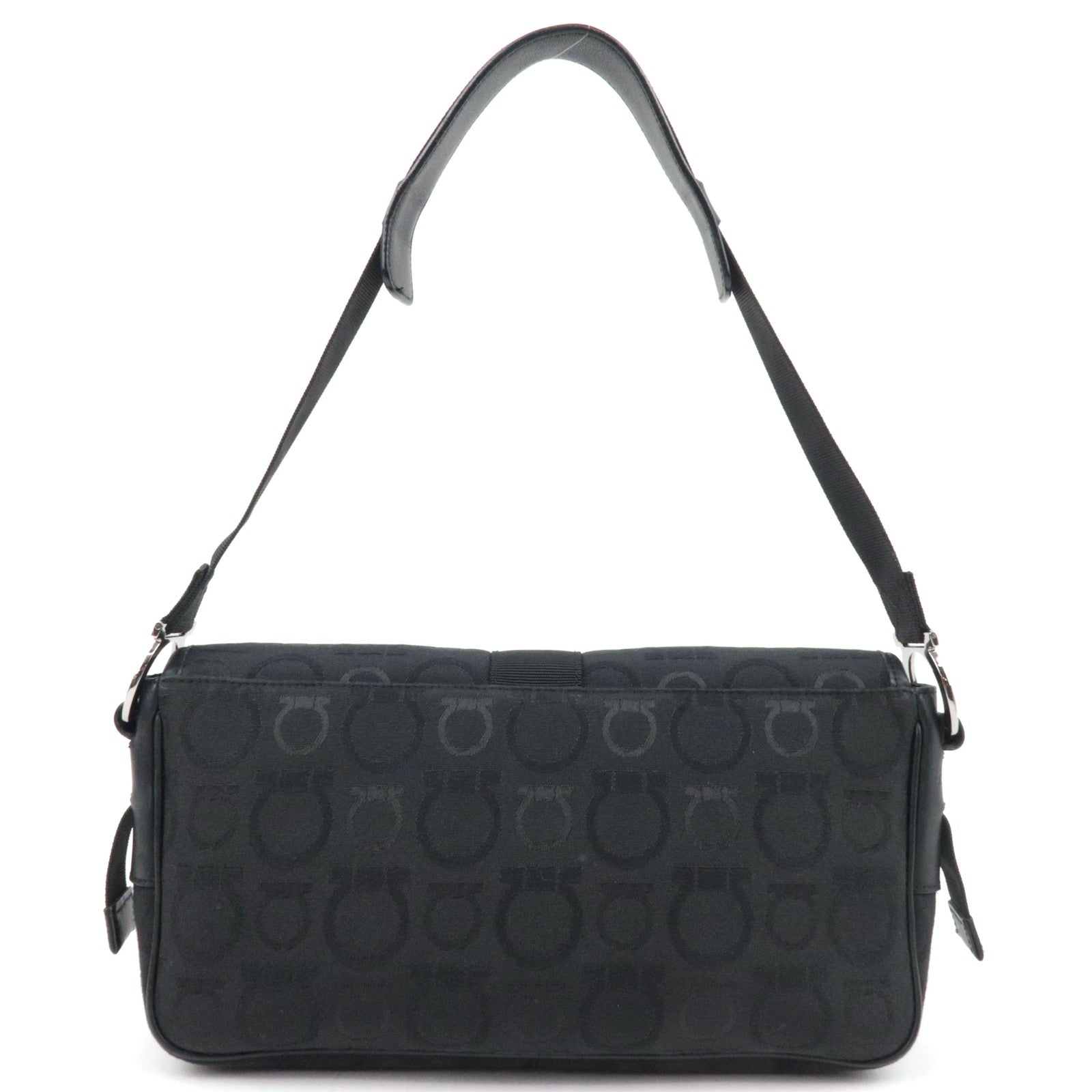 Ferragamo Gancini Shoulder Bag Canvas Leather Black in a stylish design showcasing its timeless black color.