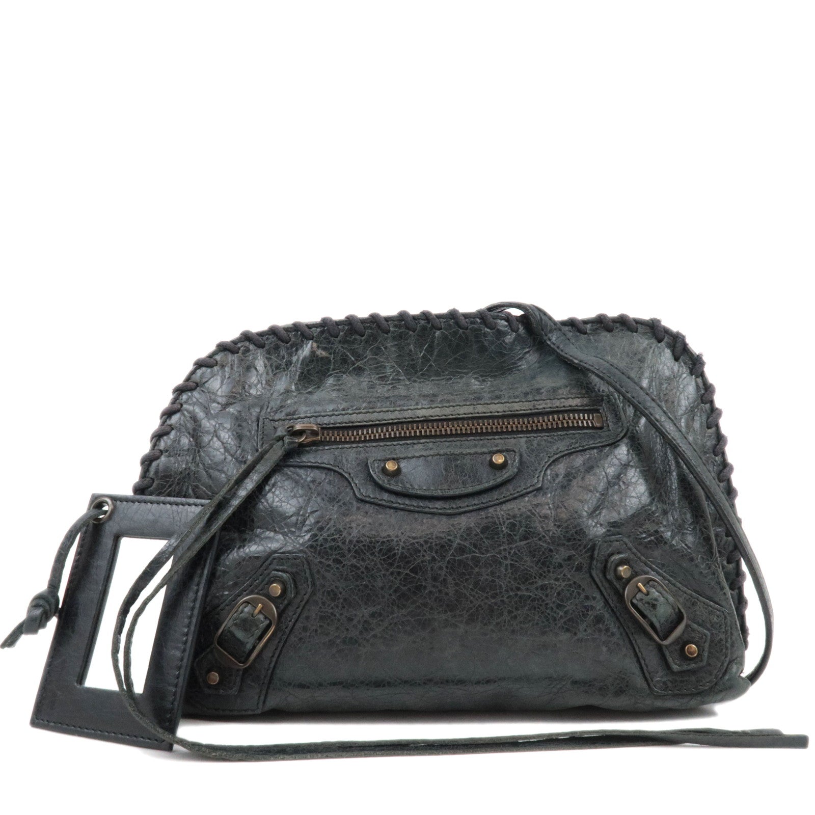 BALENCIAGA The Stitch Leather Shoulder Bag Black *Strap, Mirror82450