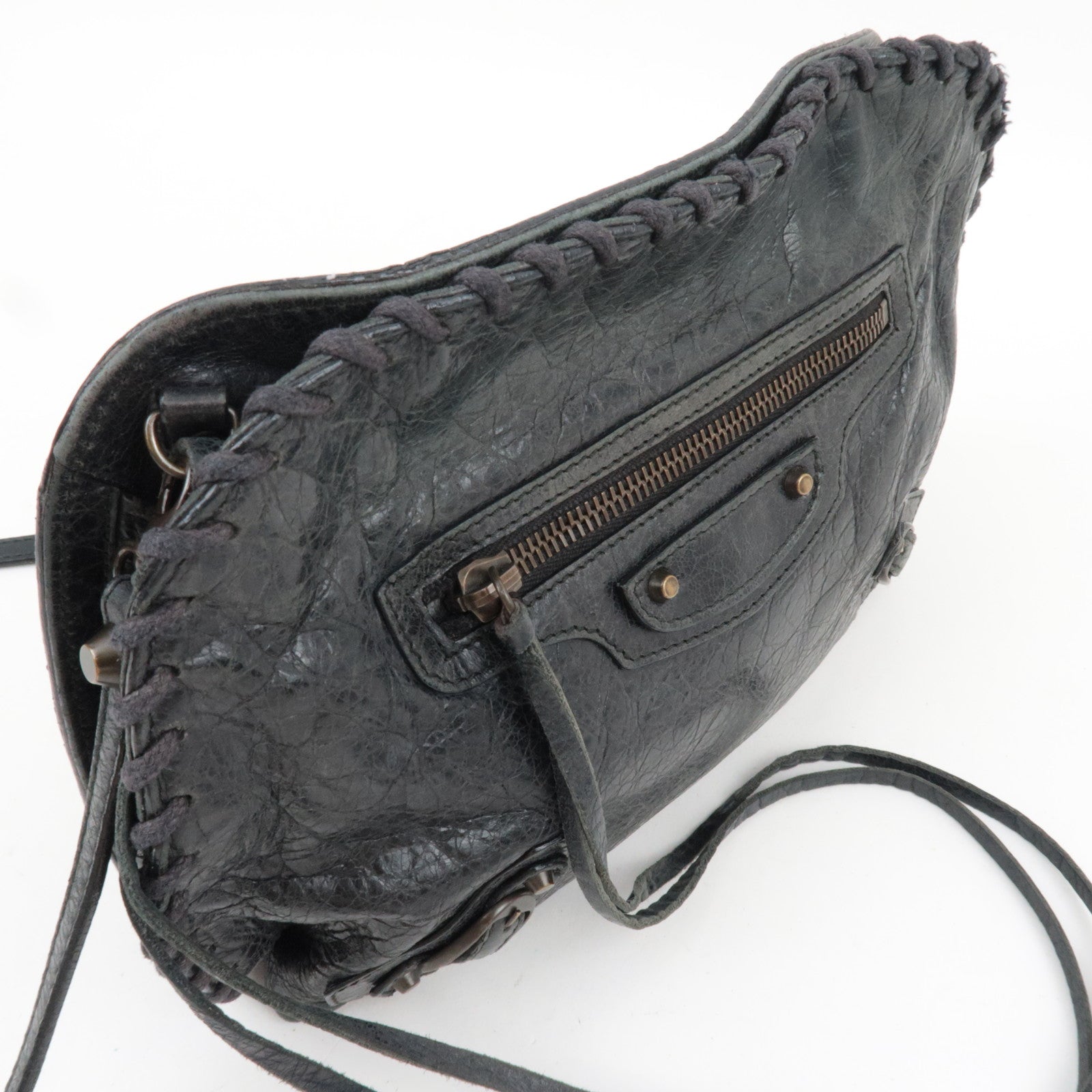 BALENCIAGA The Stitch Leather Shoulder Bag Black *Strap, Mirror